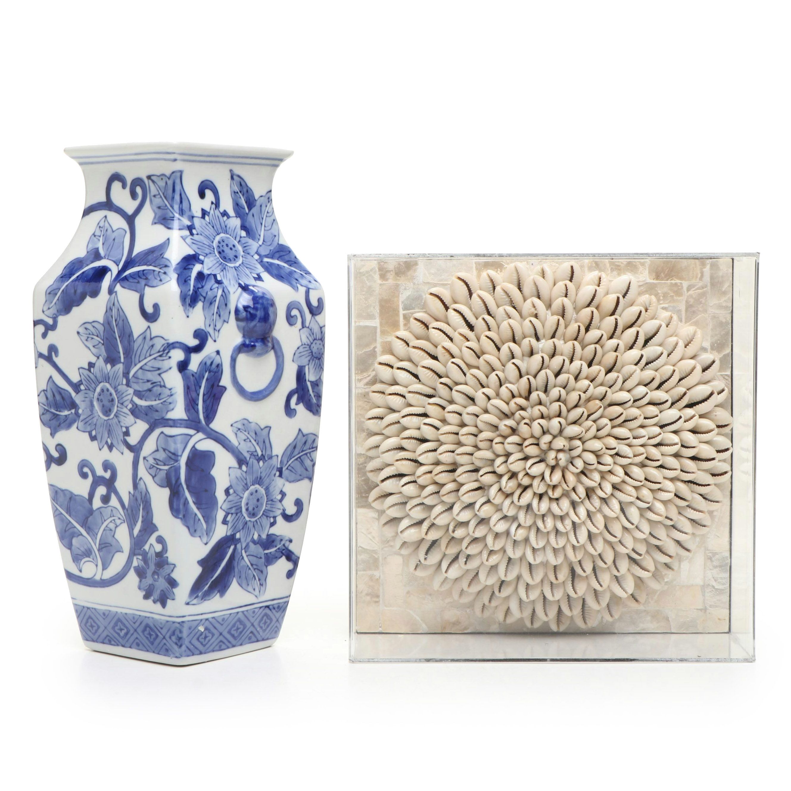 Chinese Floral Blue and White Porcelain Vase with Shell and MOP Wall Décor