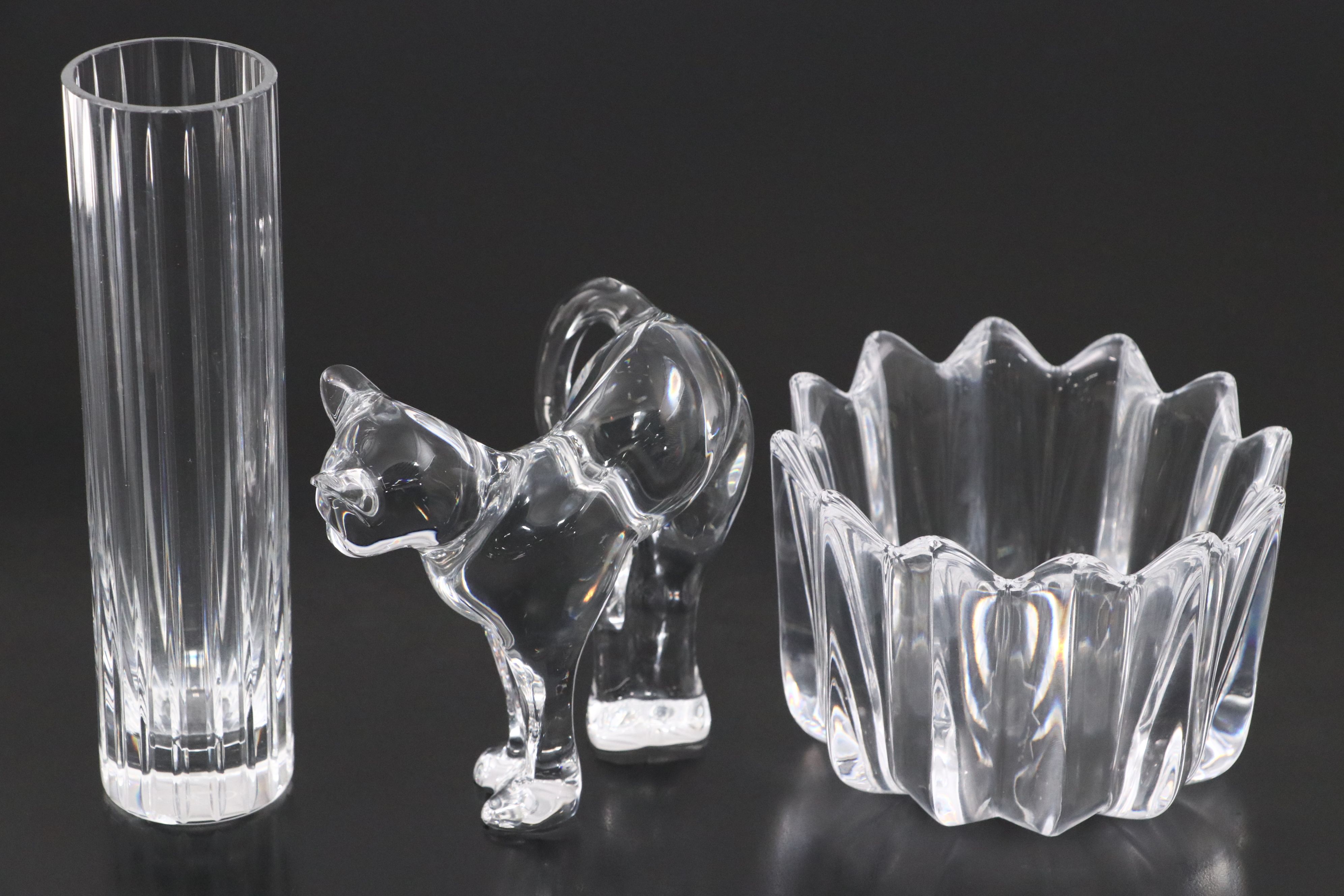 Baccarat "Harmonie" Crystal Vase and "Pouncer" Cat with Orrefors "Fleur" Bowl