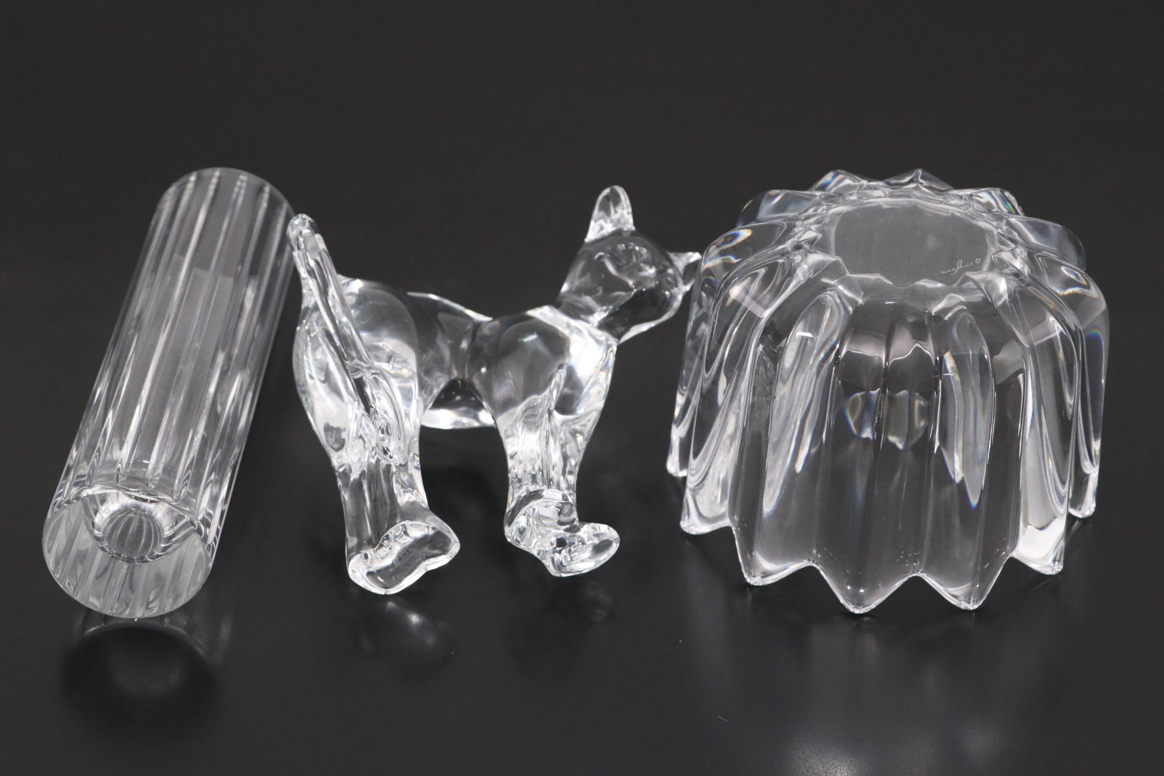 Baccarat "Harmonie" Crystal Vase and "Pouncer" Cat with Orrefors "Fleur" Bowl