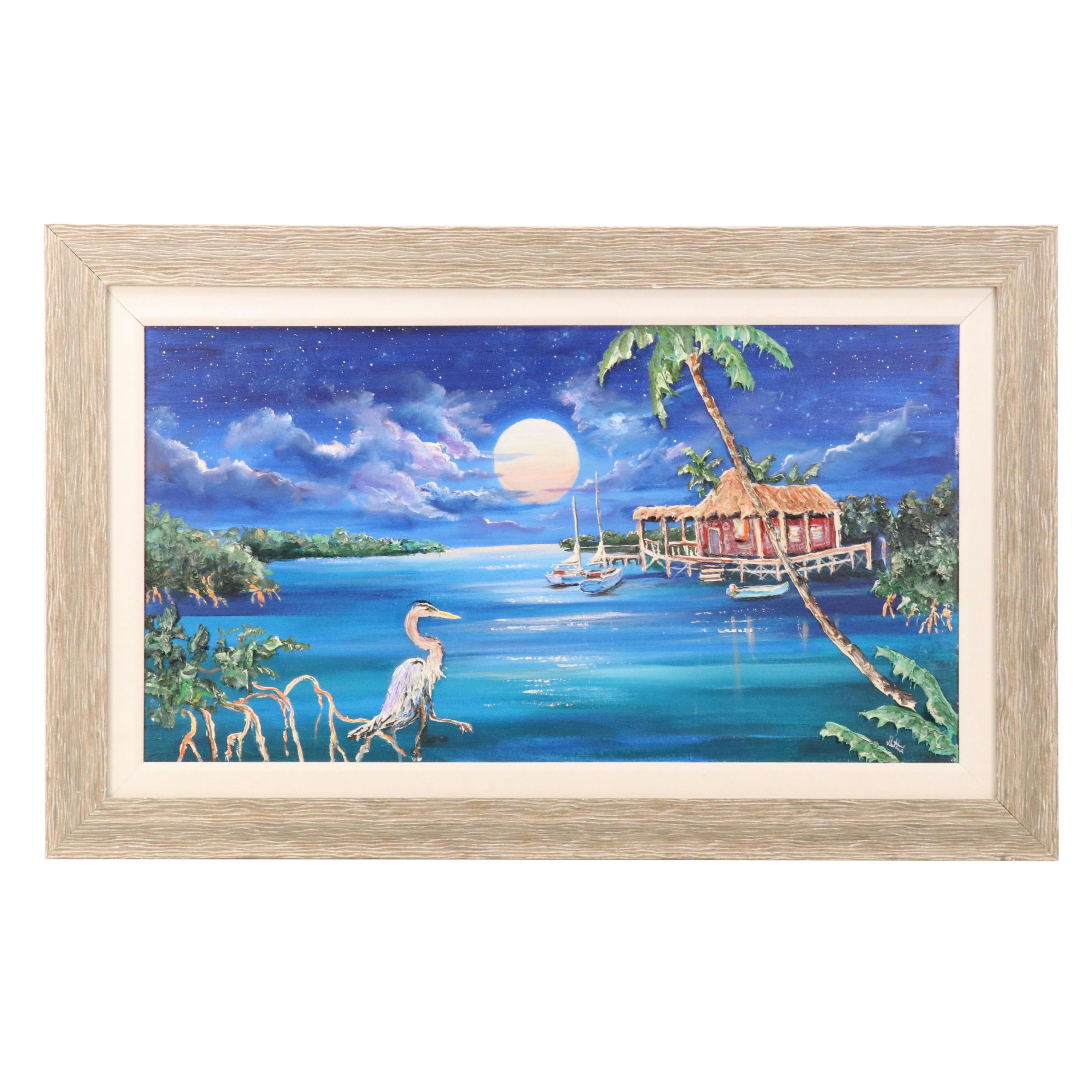 Floridian Nocturne Seascape Impasto Acrylic Painting with Heron and Bungalow