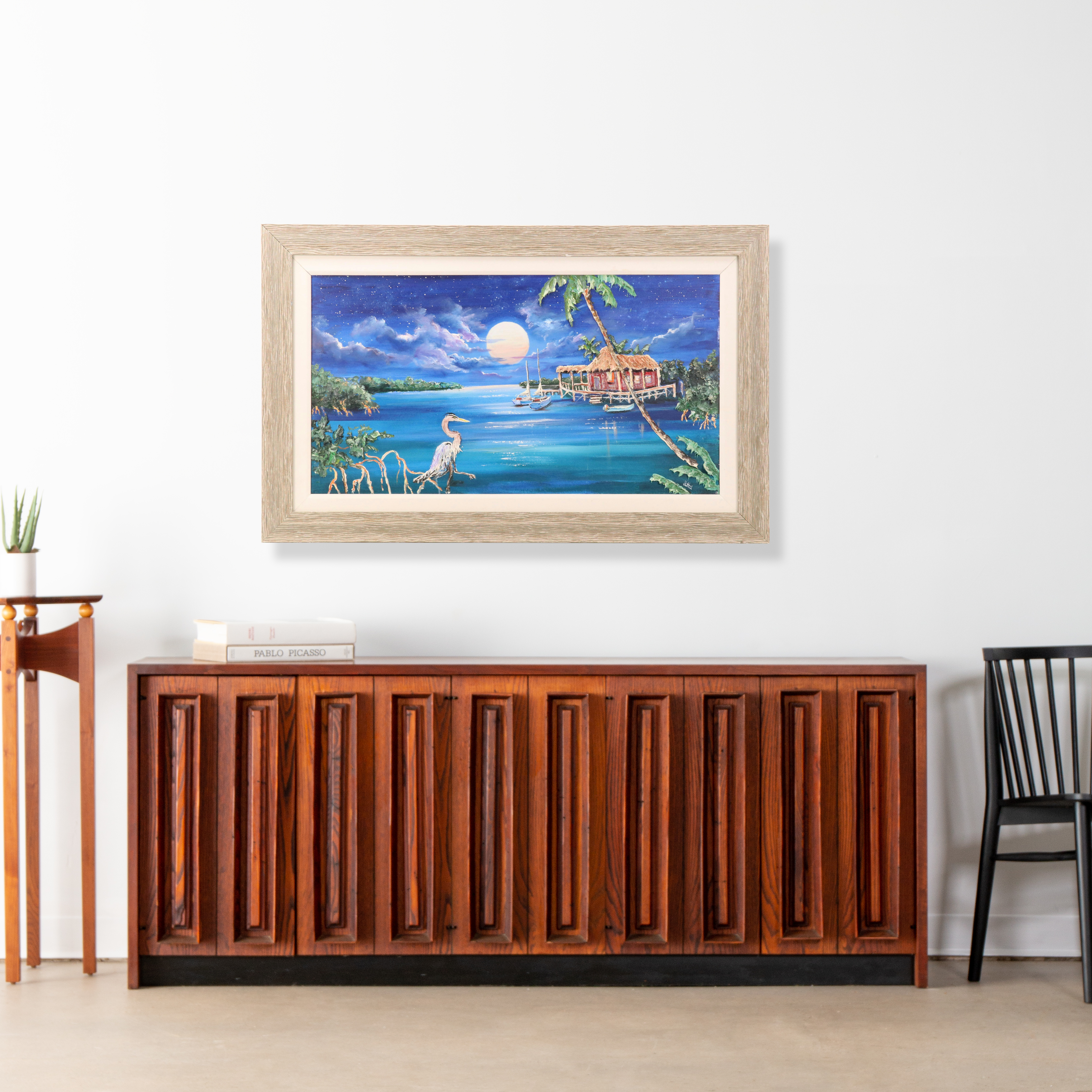 Floridian Nocturne Seascape Impasto Acrylic Painting with Heron and Bungalow