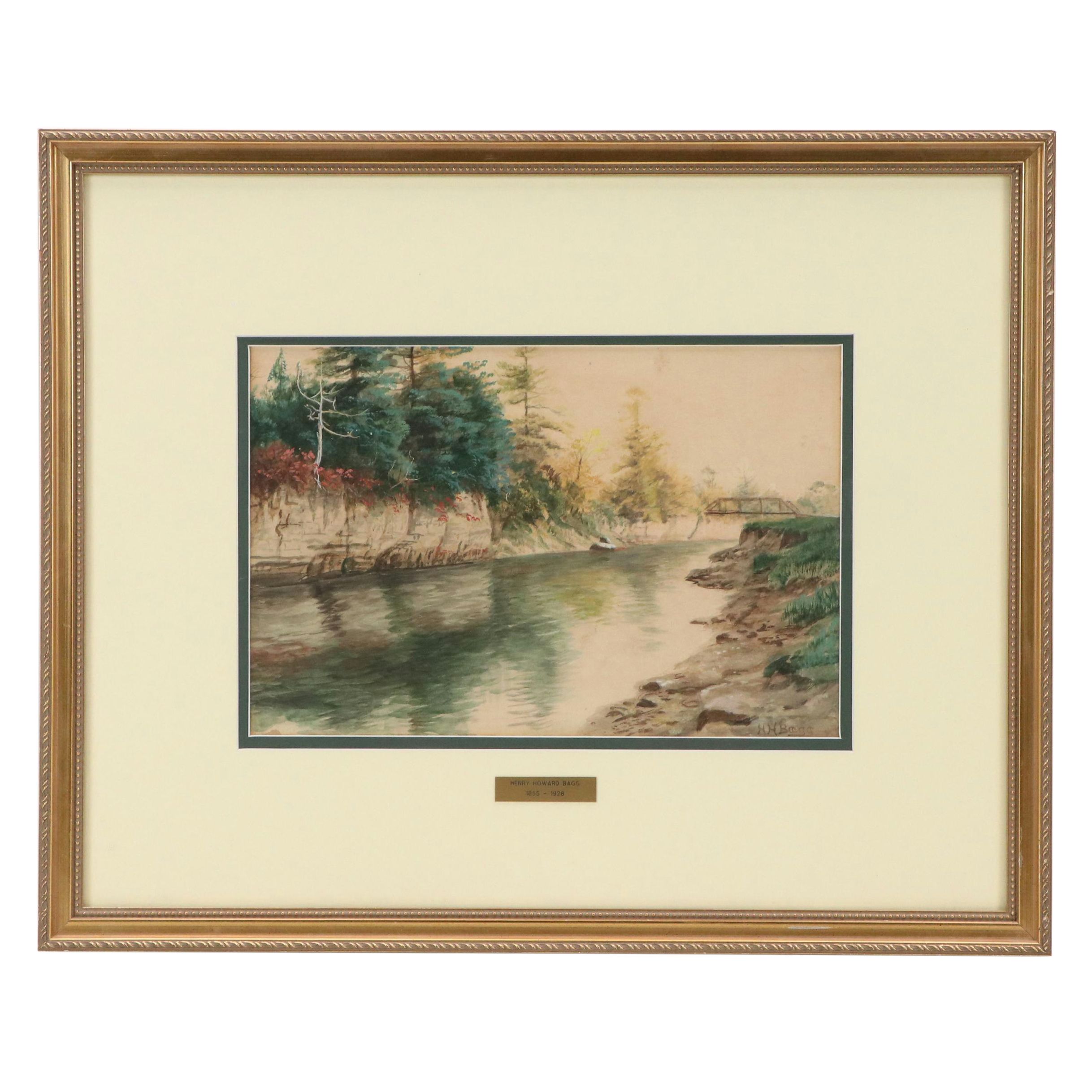 Henry Howard Bagg Gouache Painting of River with Bridge, Late 19th Century