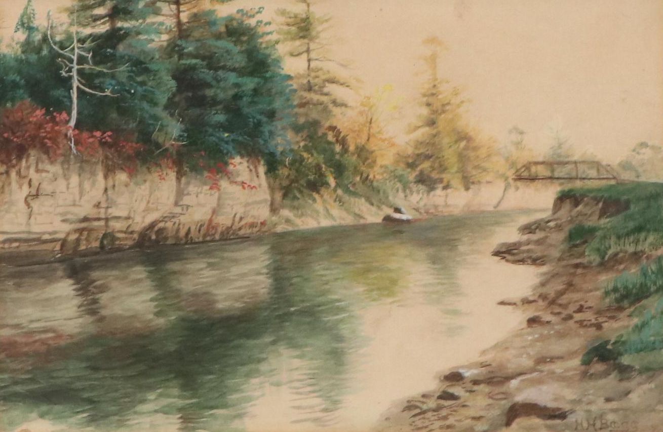 Henry Howard Bagg Gouache Painting of River with Bridge, Late 19th Century
