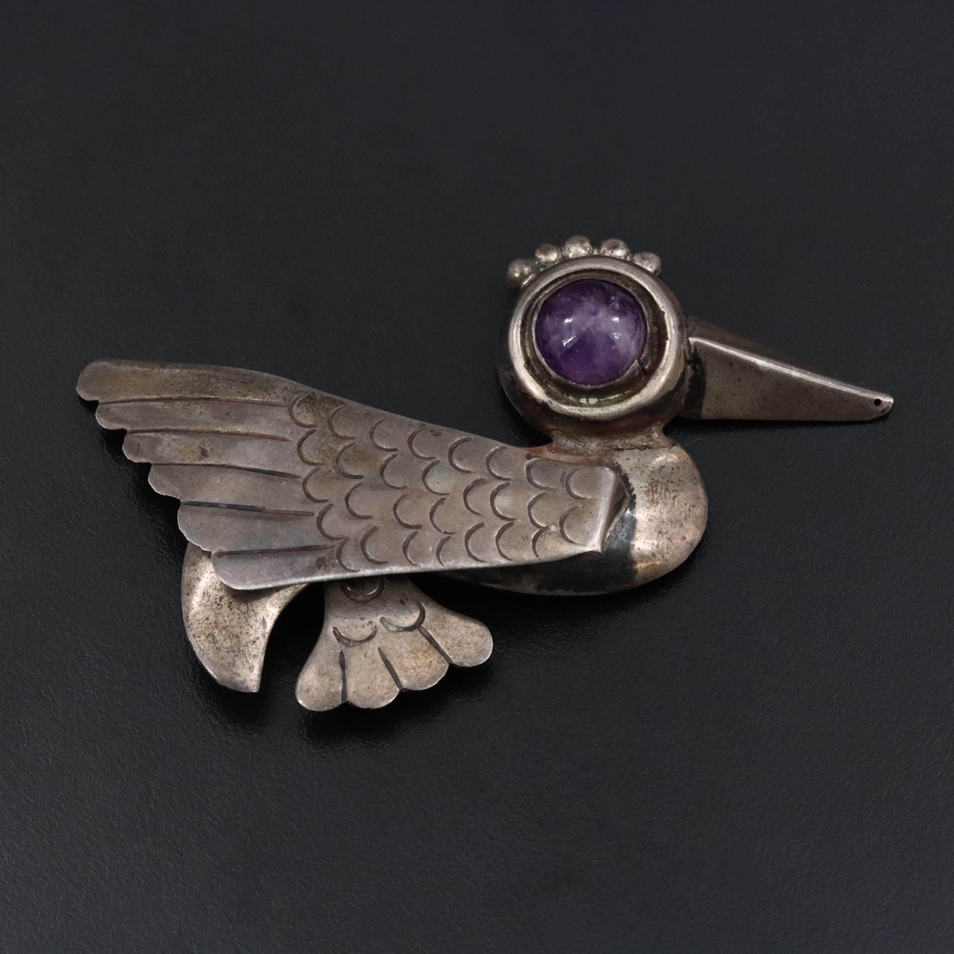 Early Mexican Taxco Modernist Sterling Amethyst Bird Brooch