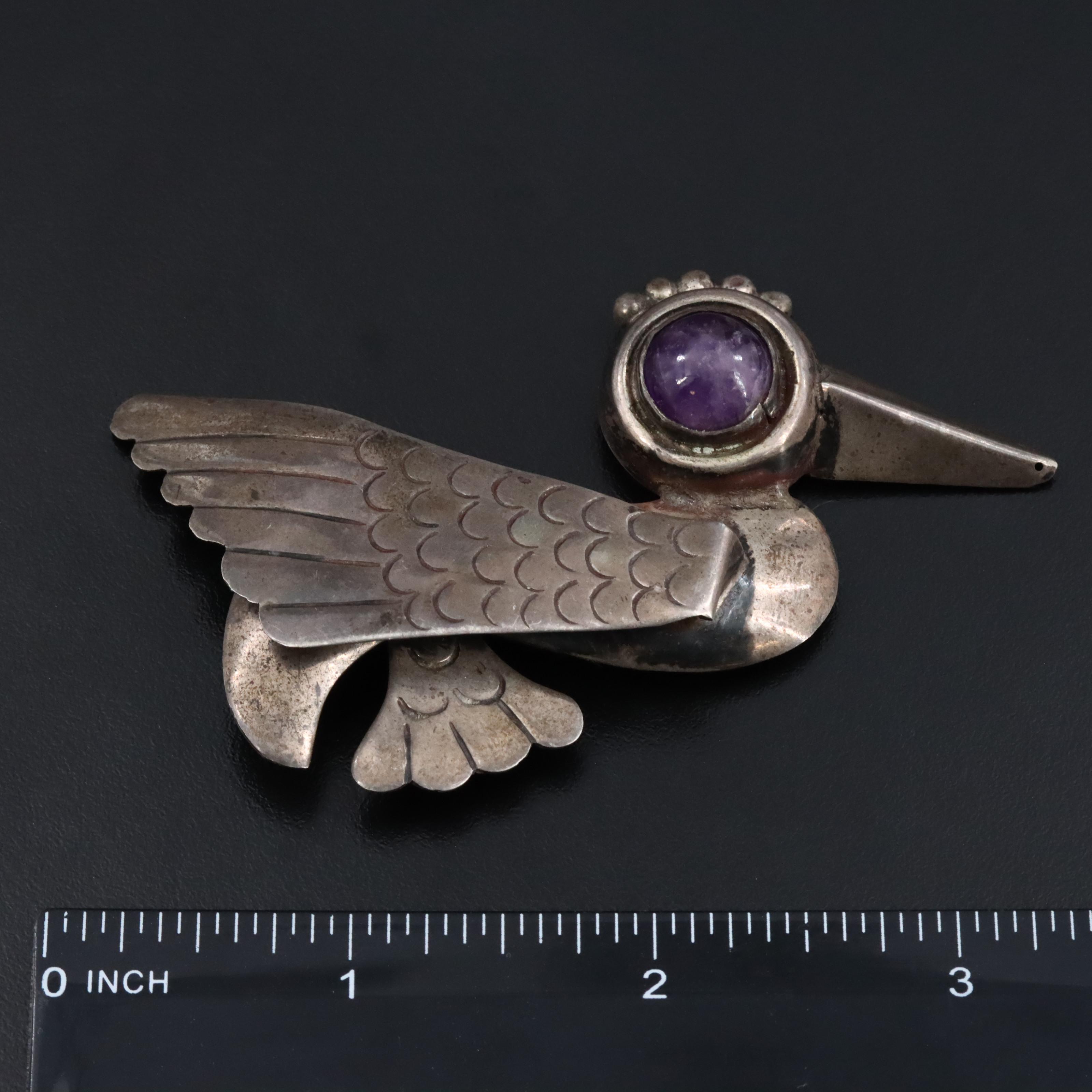 Early Mexican Taxco Modernist Sterling Amethyst Bird Brooch