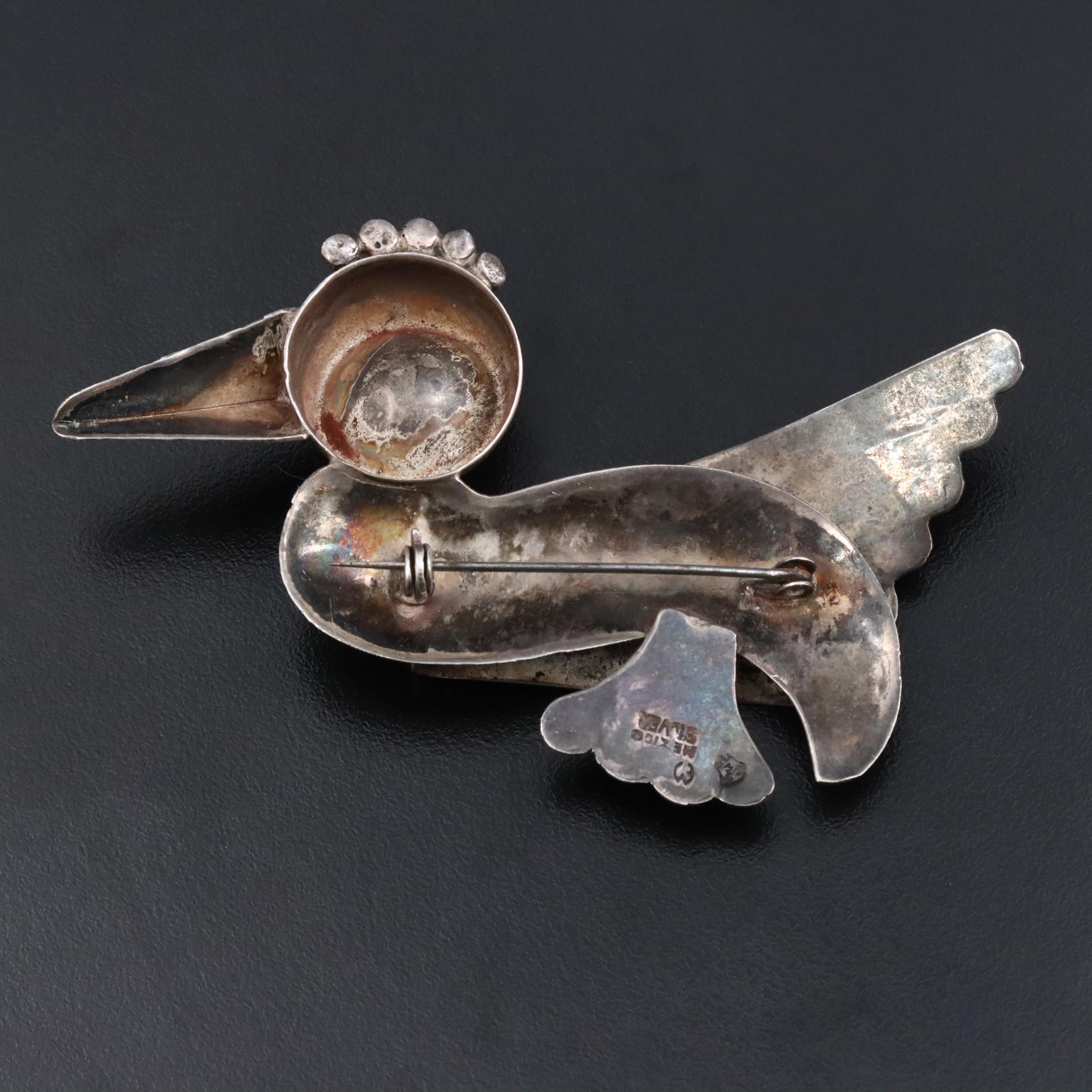 Early Mexican Taxco Modernist Sterling Amethyst Bird Brooch