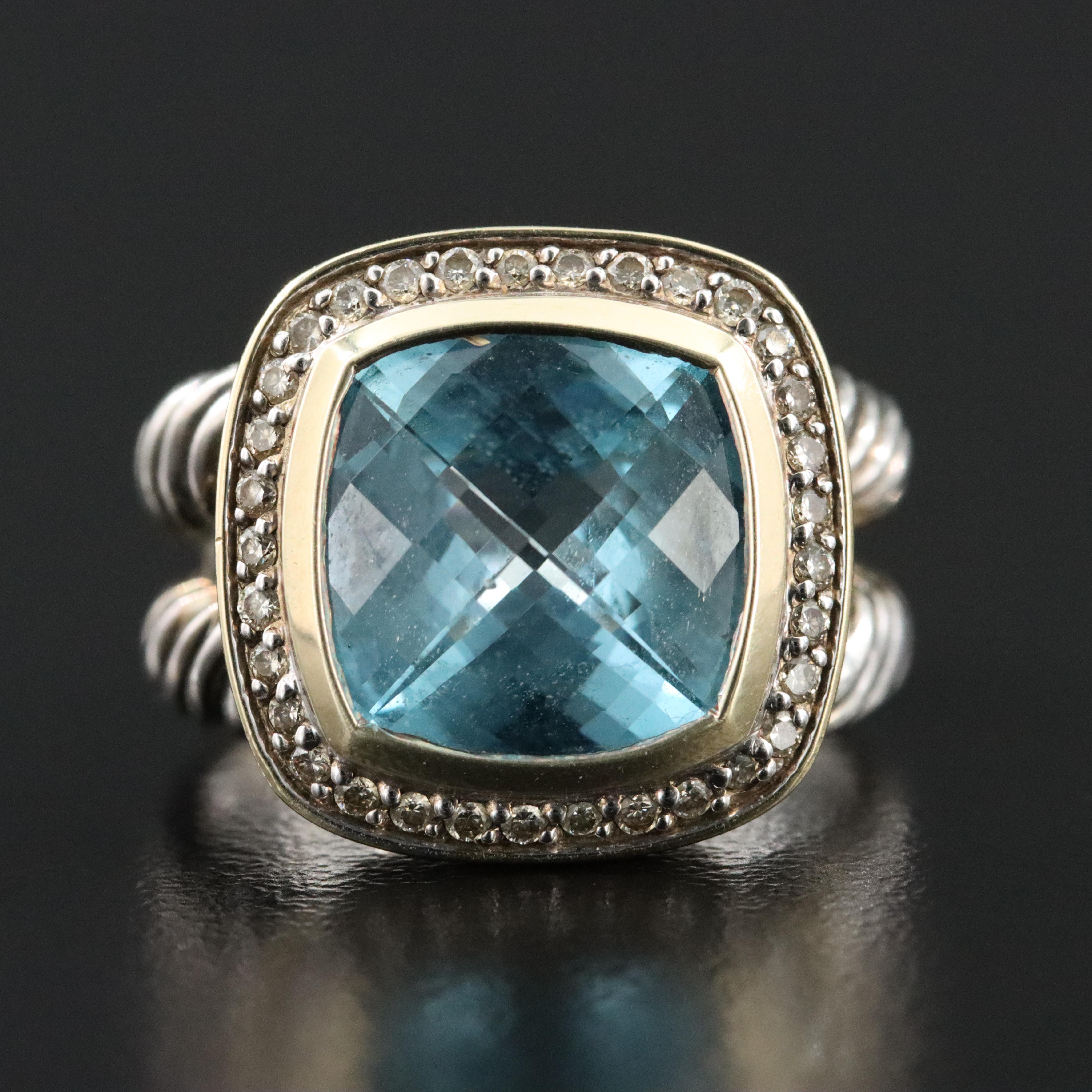 David Yurman Albion Sterling Blue Topaz and Diamond Ring with 18K Bezel