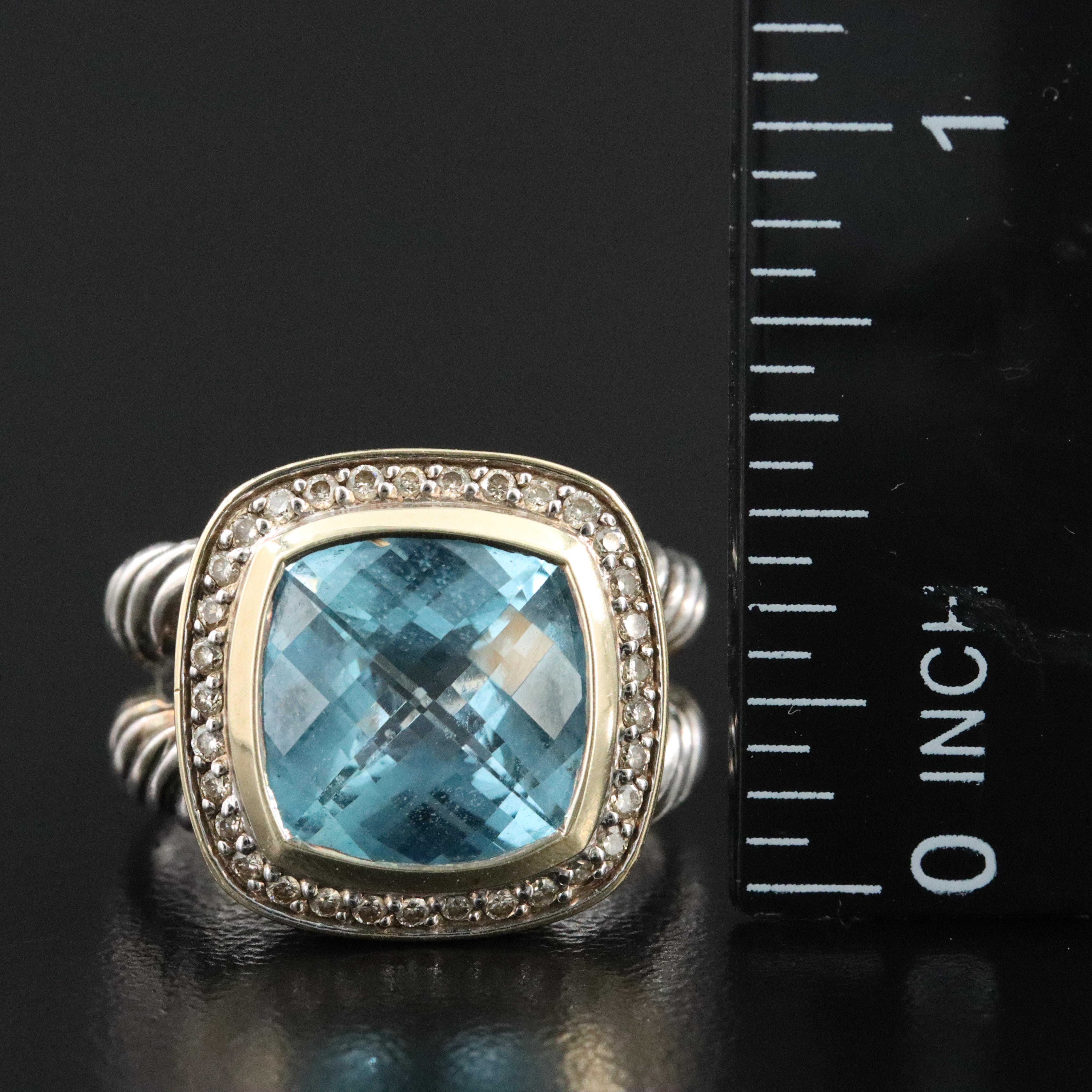 David Yurman Albion Sterling Blue Topaz and Diamond Ring with 18K Bezel