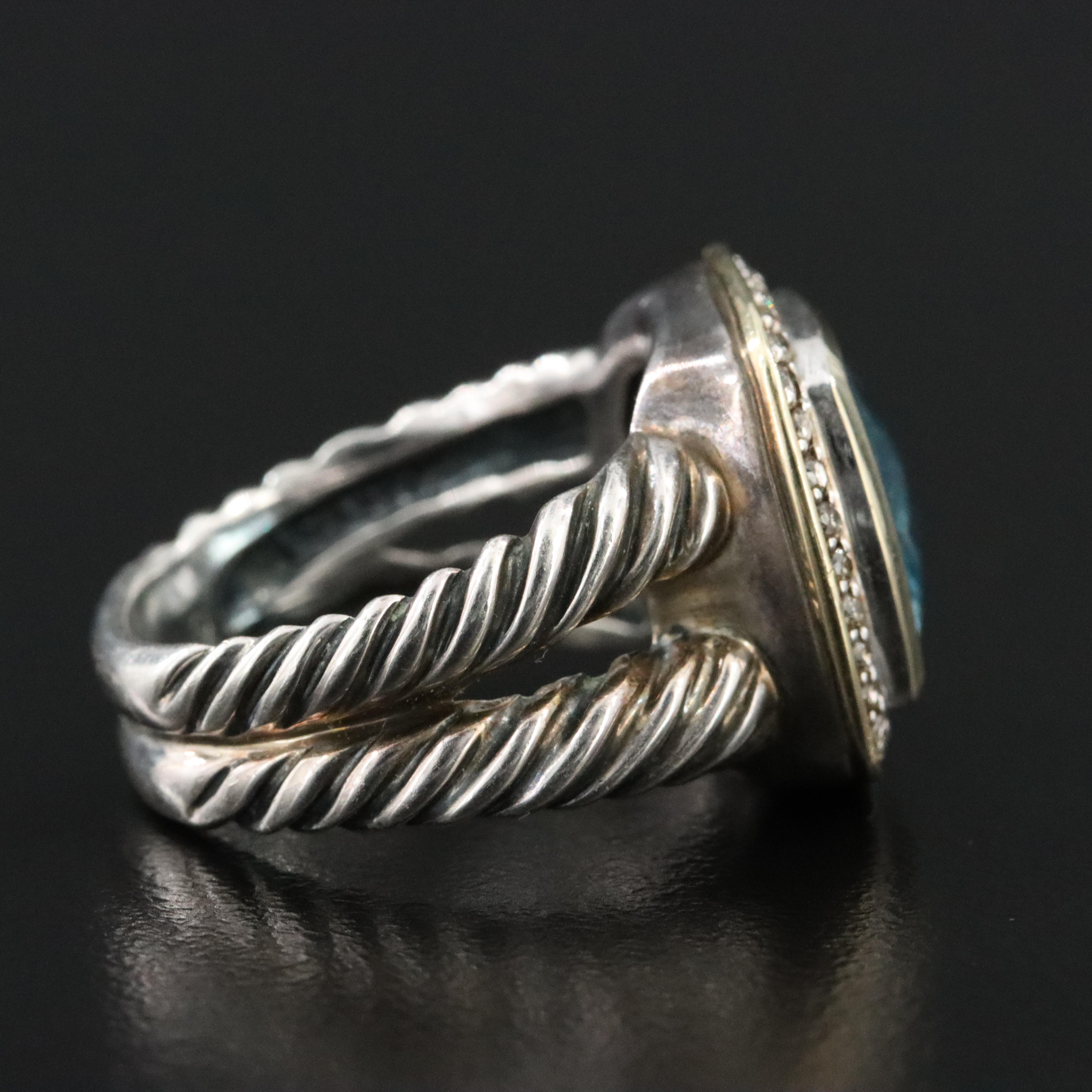 David Yurman Albion Sterling Blue Topaz and Diamond Ring with 18K Bezel