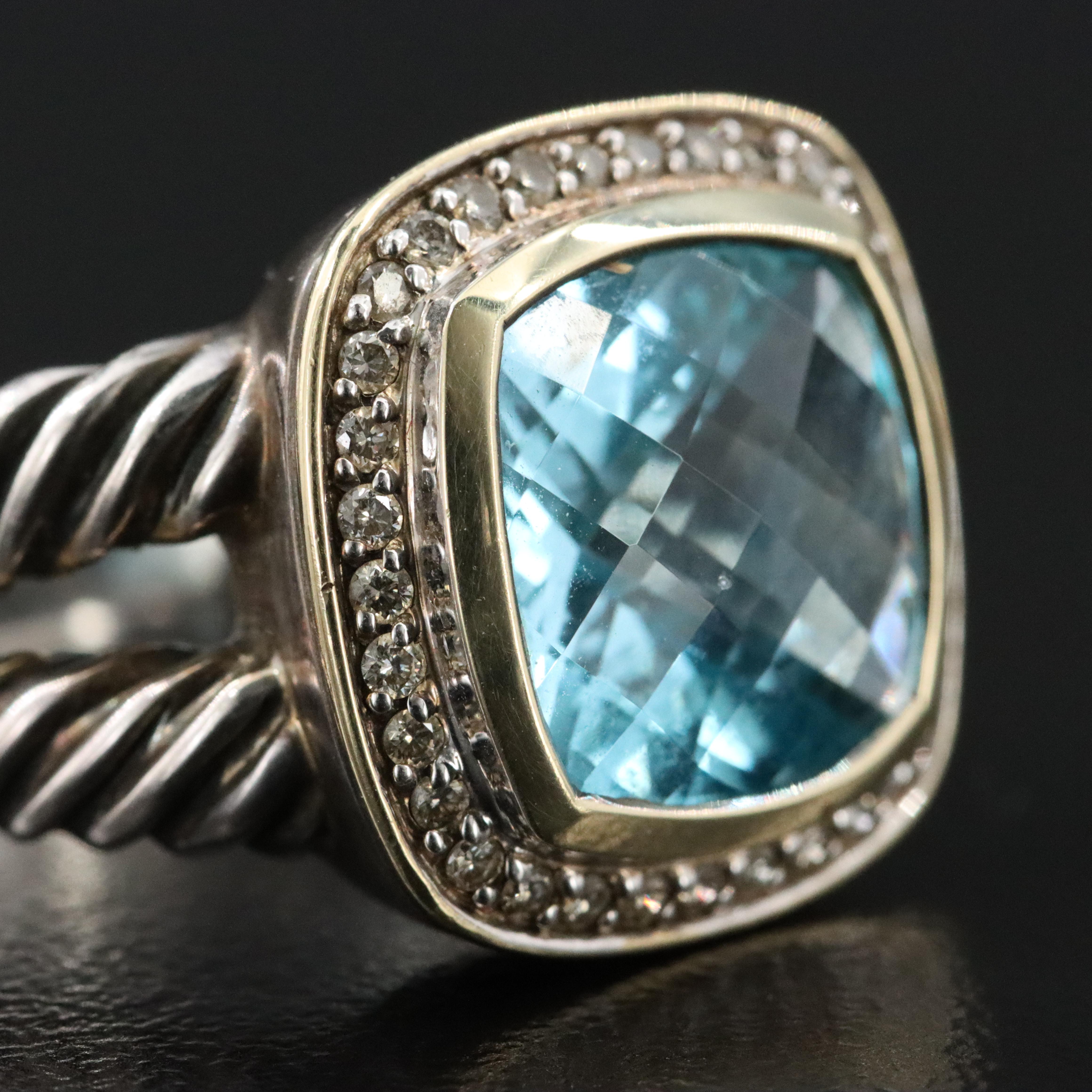 David Yurman Albion Sterling Blue Topaz and Diamond Ring with 18K Bezel