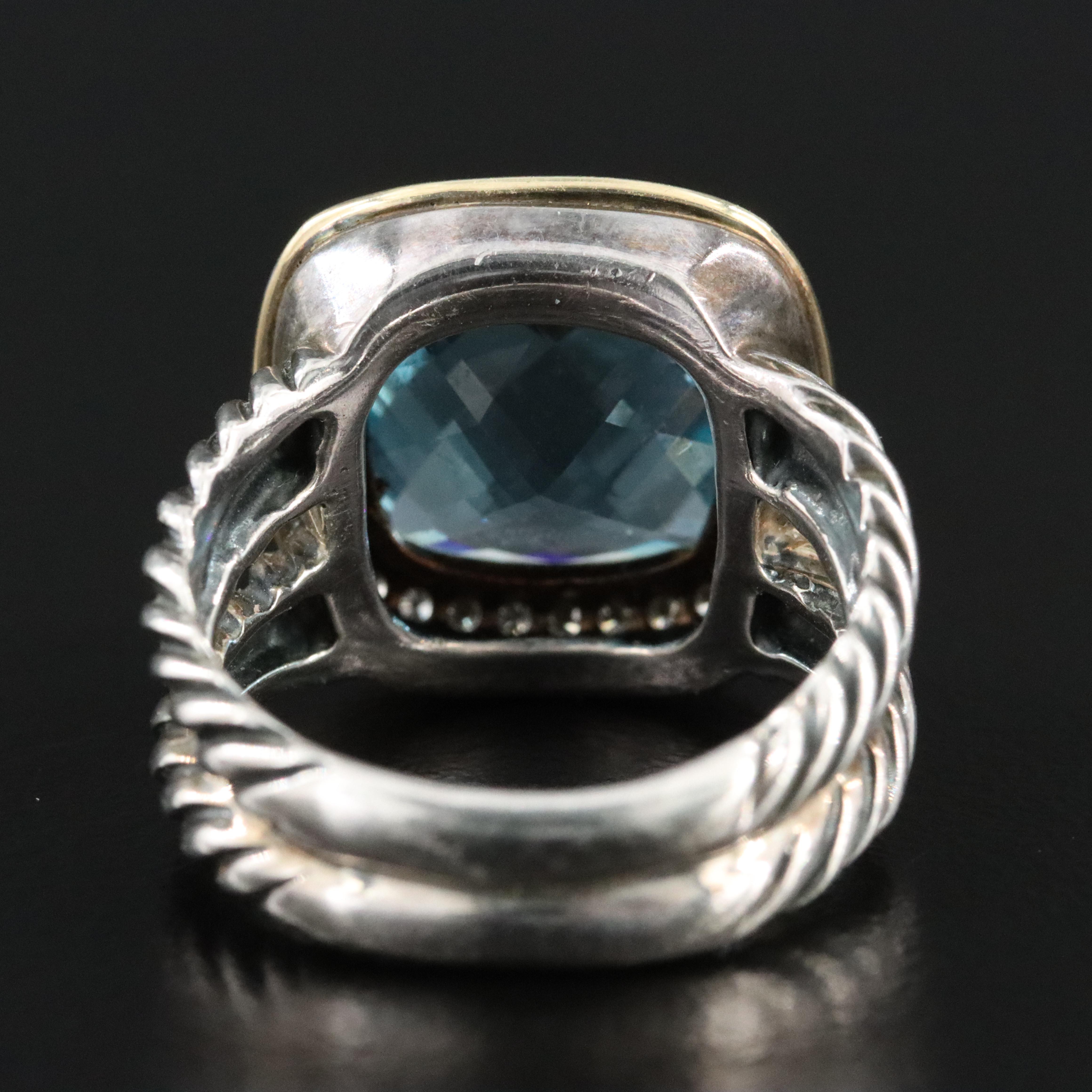 David Yurman Albion Sterling Blue Topaz and Diamond Ring with 18K Bezel