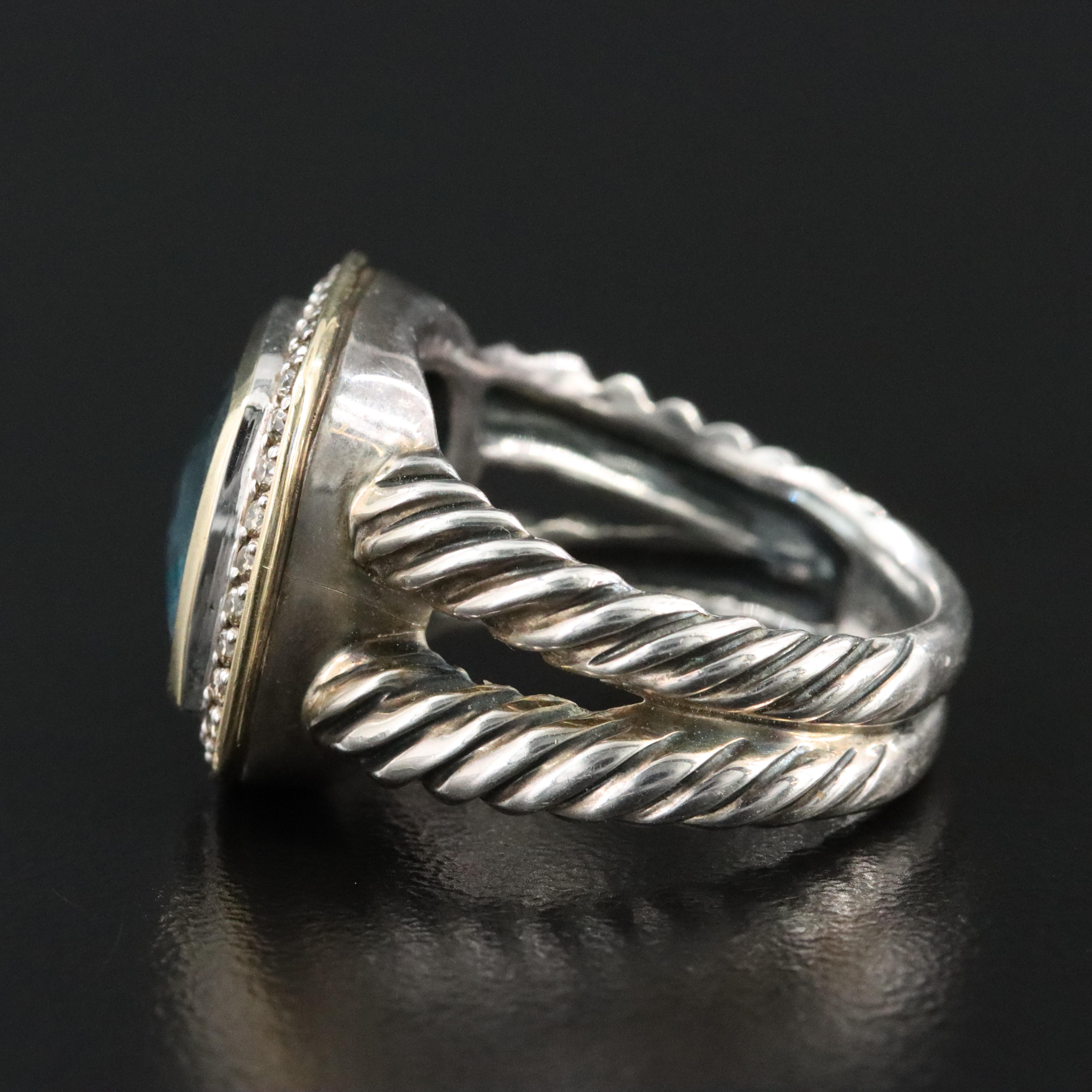 David Yurman Albion Sterling Blue Topaz and Diamond Ring with 18K Bezel