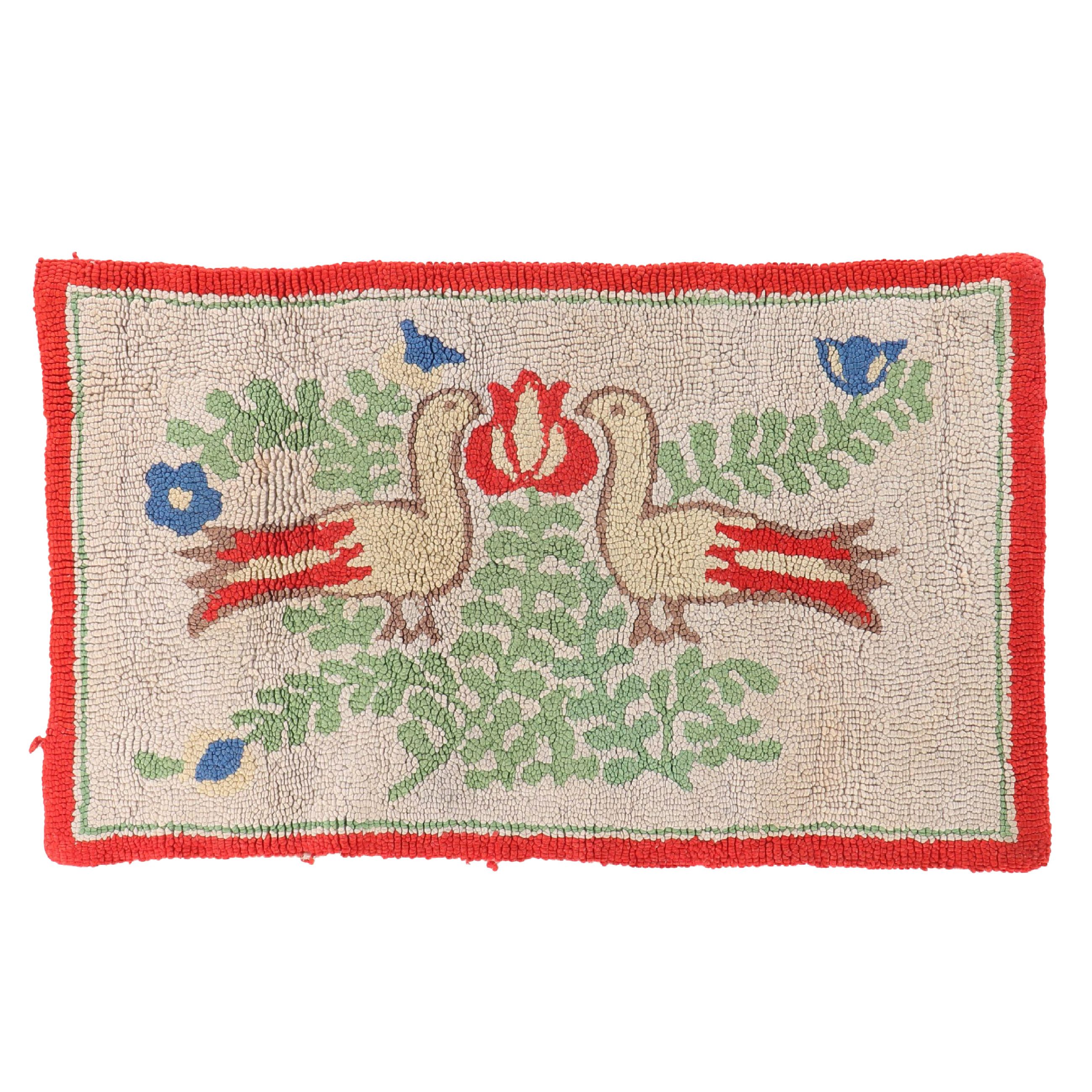 1'10 x 3' Handmade Pennsylvania Dutch Folk Art Style Hooked Accent Rug