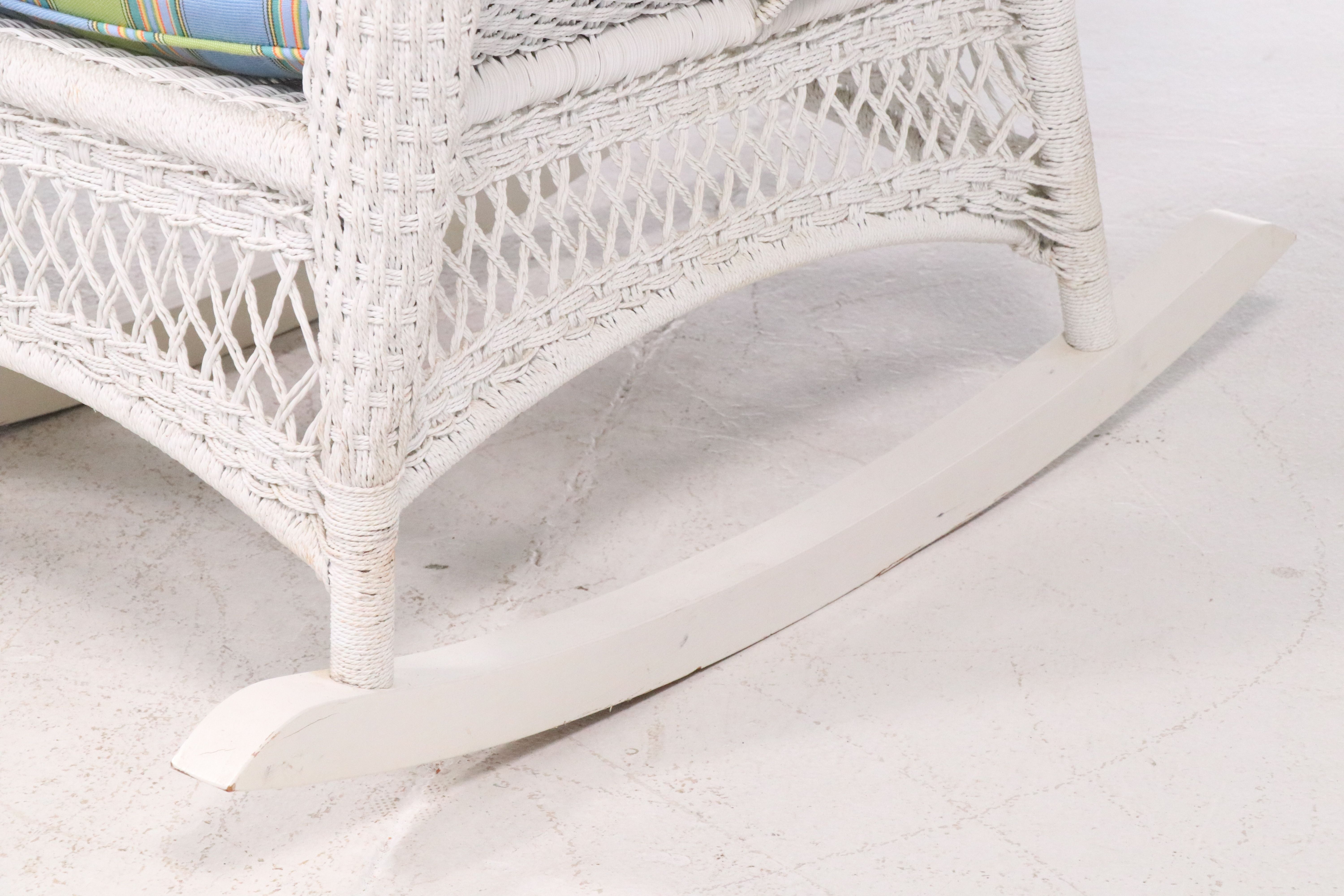 White-Painted Twisted Cord Wicker Rocking Chair and Lounge Chair