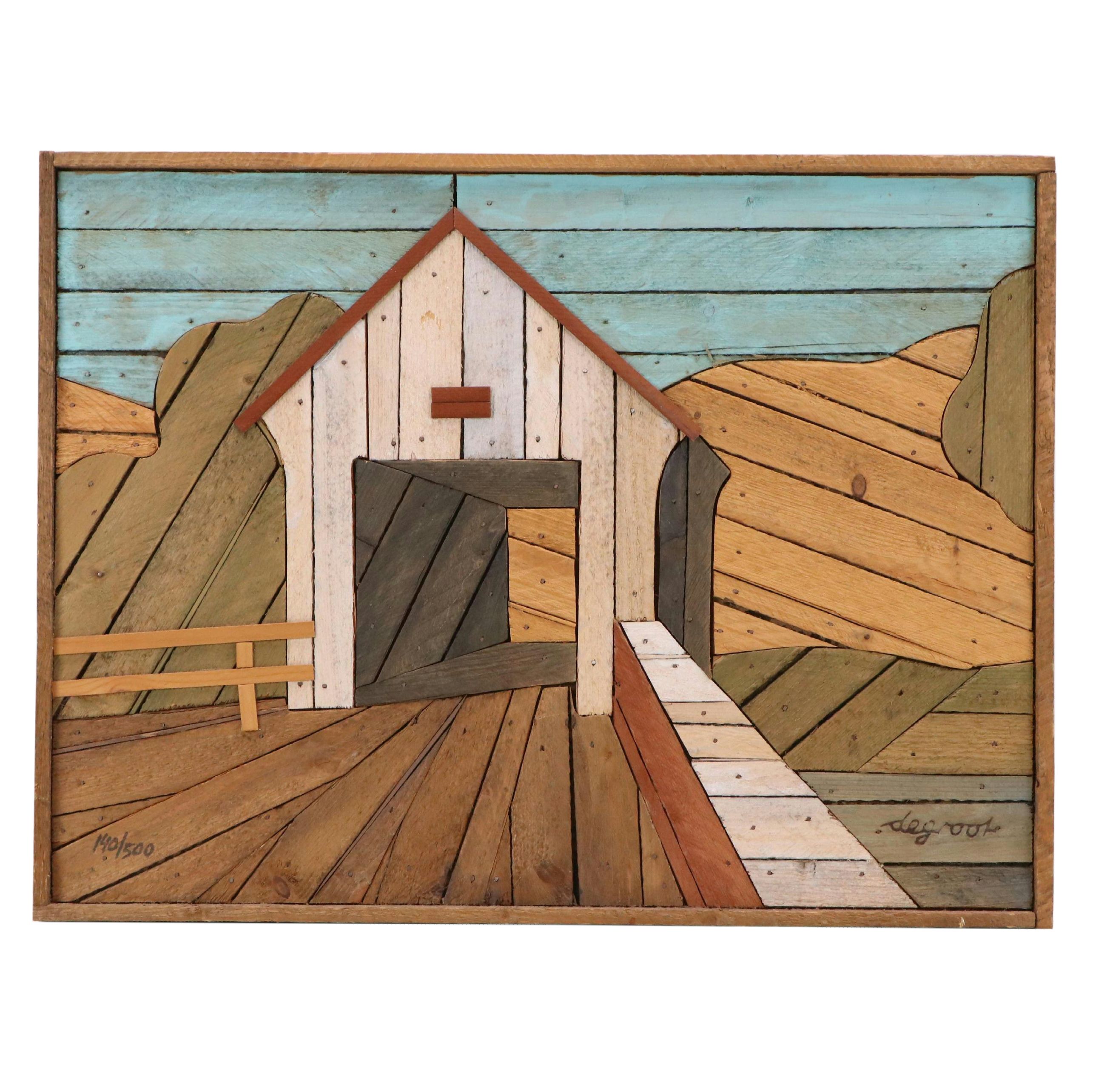 Theodore DeGroot Folk Art Style Wood Lath Art of Covered Bridge, Circa 1970