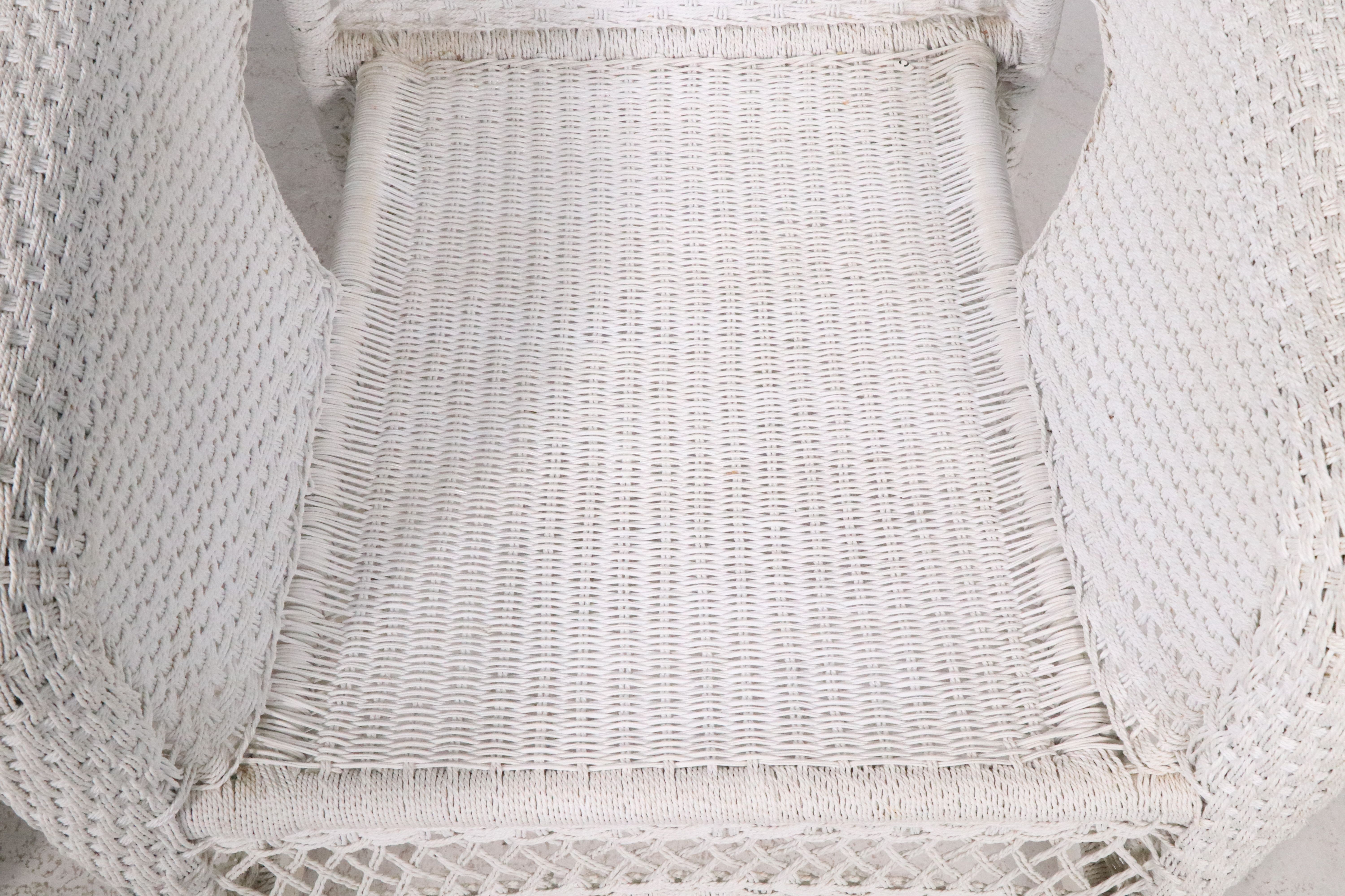 White-Painted Twisted Cord Wicker Rocking Chair and Lounge Chair