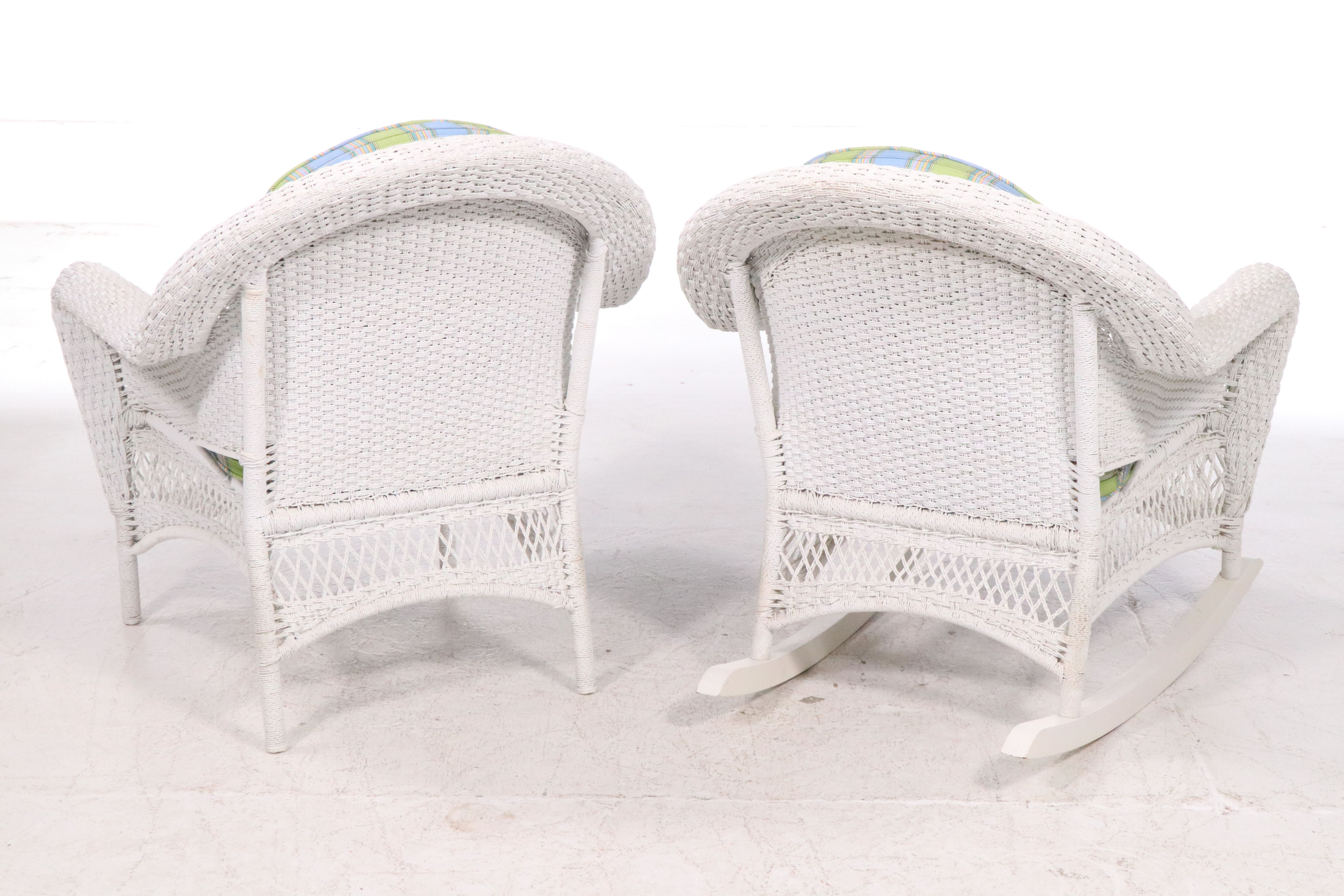 White-Painted Twisted Cord Wicker Rocking Chair and Lounge Chair