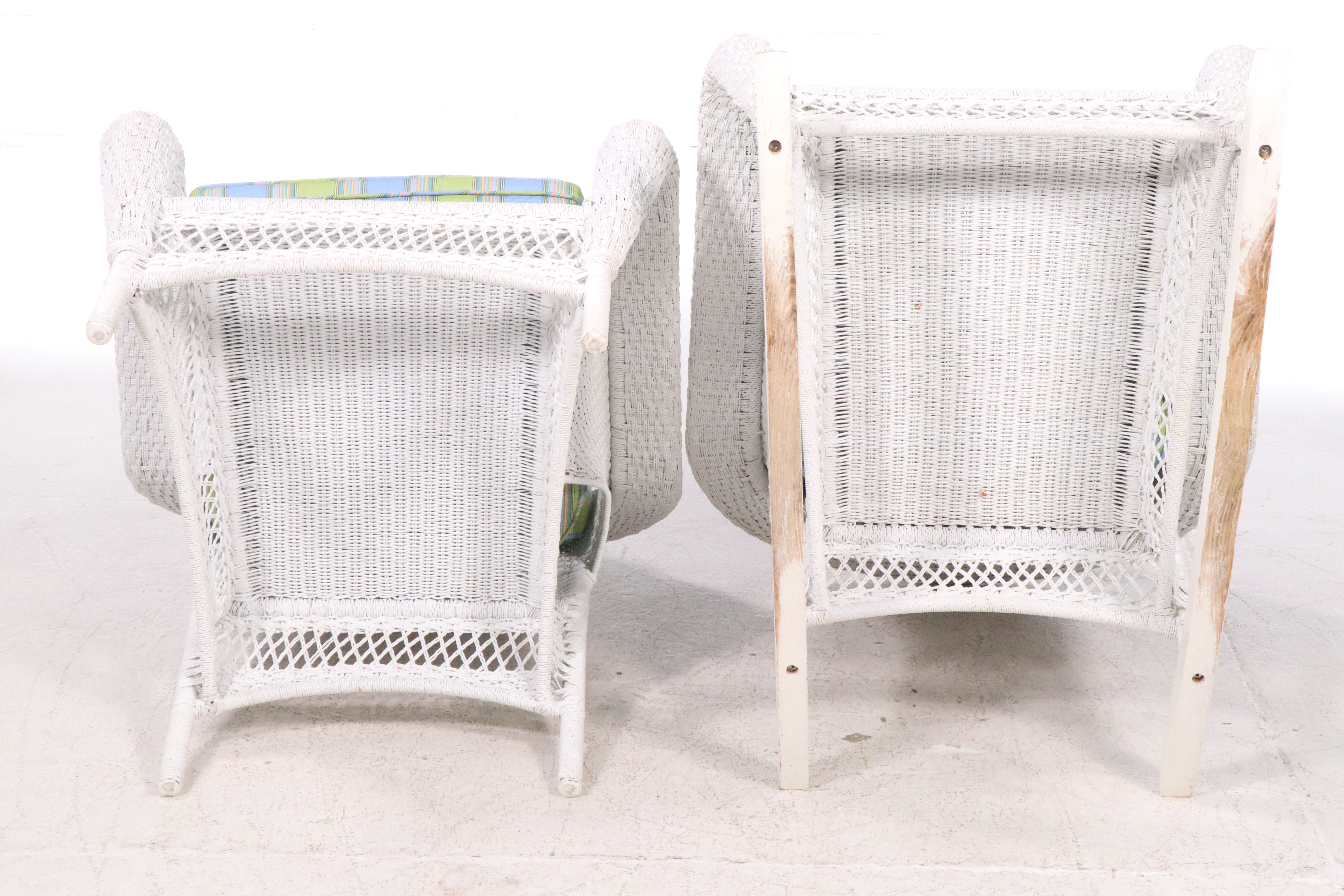 White-Painted Twisted Cord Wicker Rocking Chair and Lounge Chair
