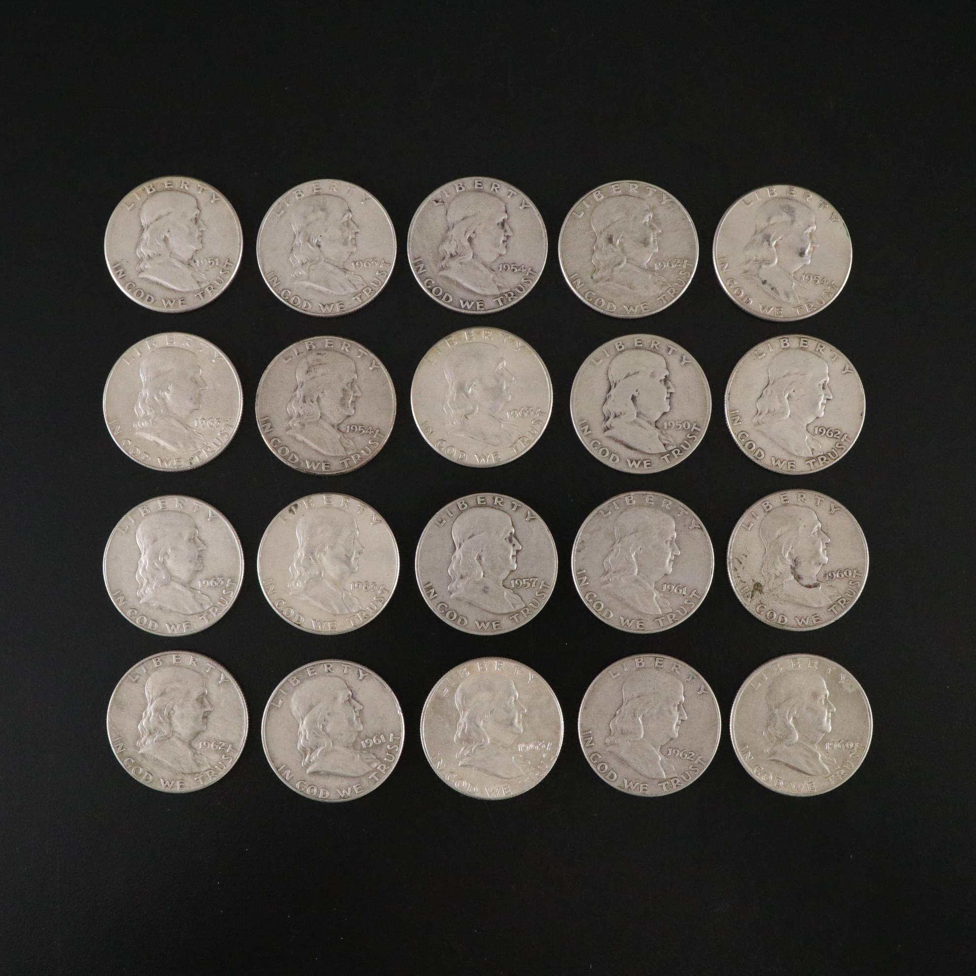 Twenty Franklin Silver Half  Dollars