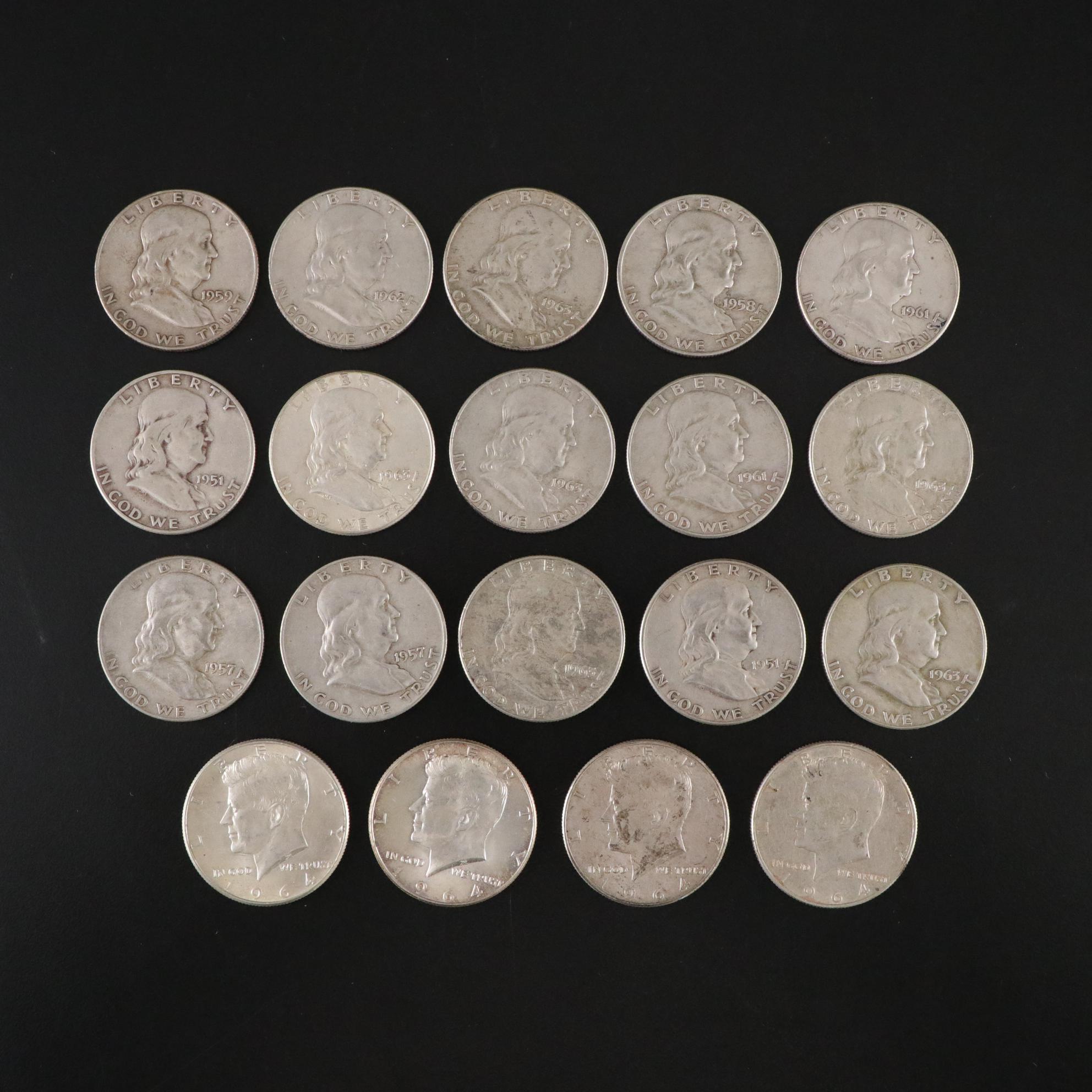Fifteen Franklin Half Dollars and Four 1964 Kennedy Silver Half Dollars