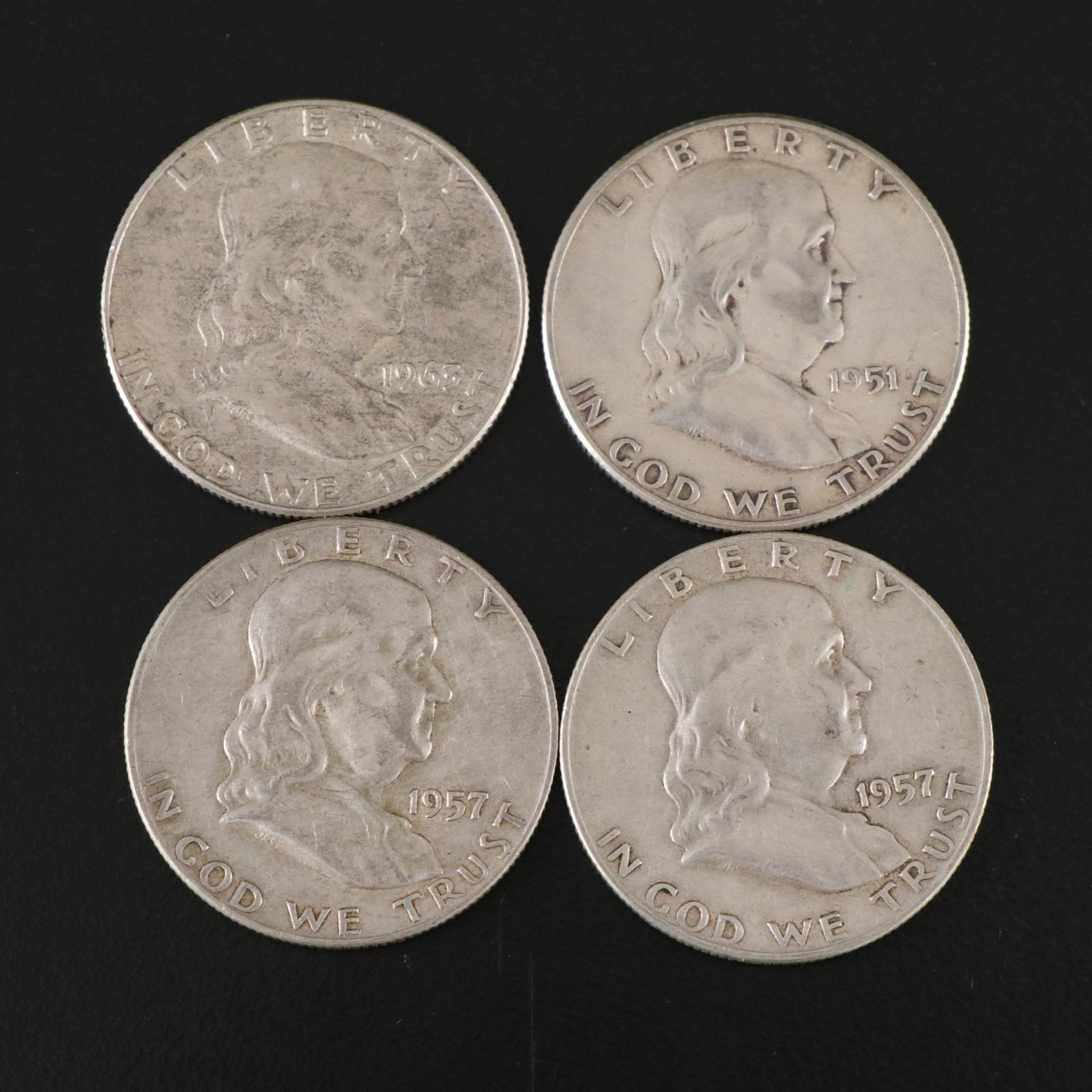 Fifteen Franklin Half Dollars and Four 1964 Kennedy Silver Half Dollars