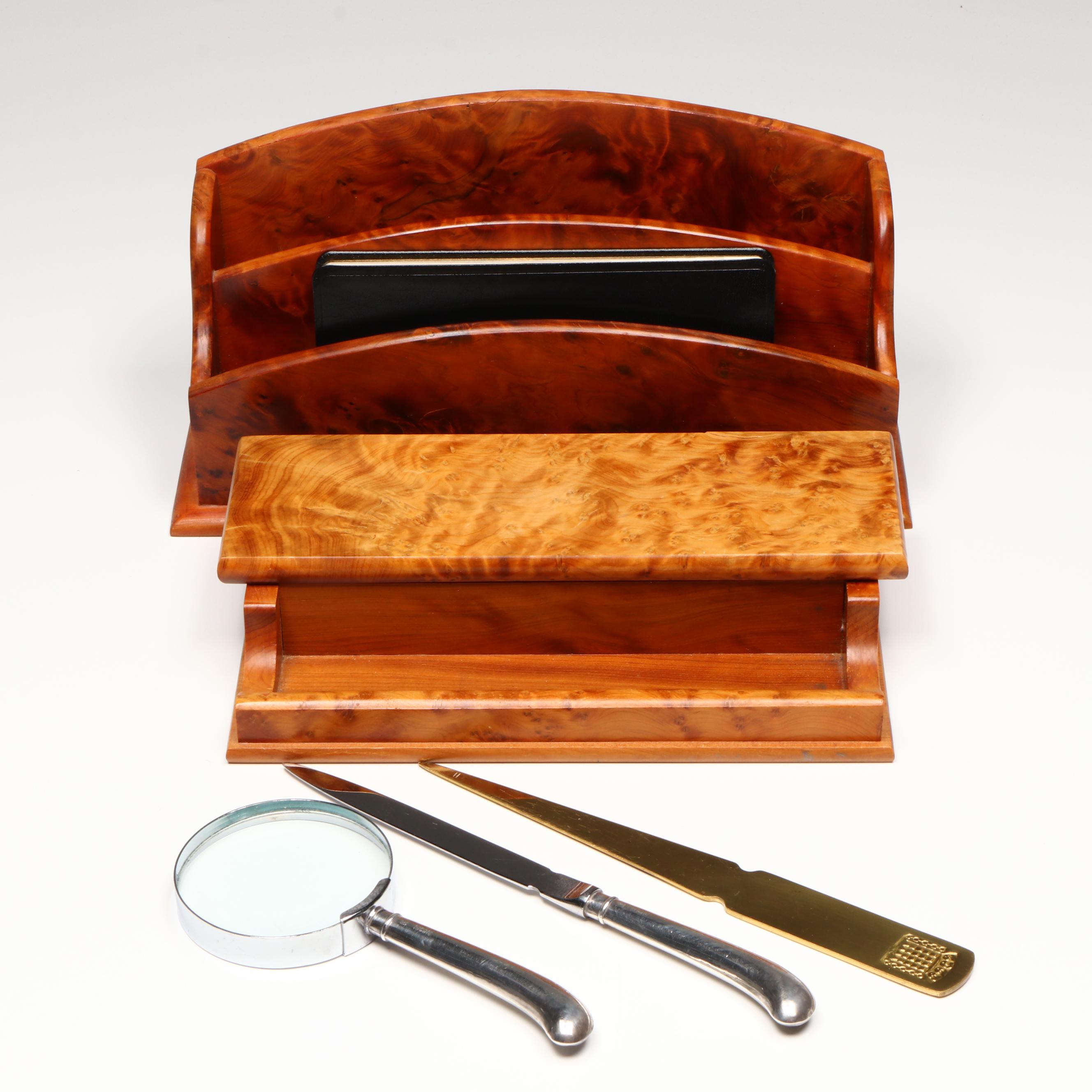English Sterling Silver Letter Opener & Magnifyer Set, Burlwood Boxes and More