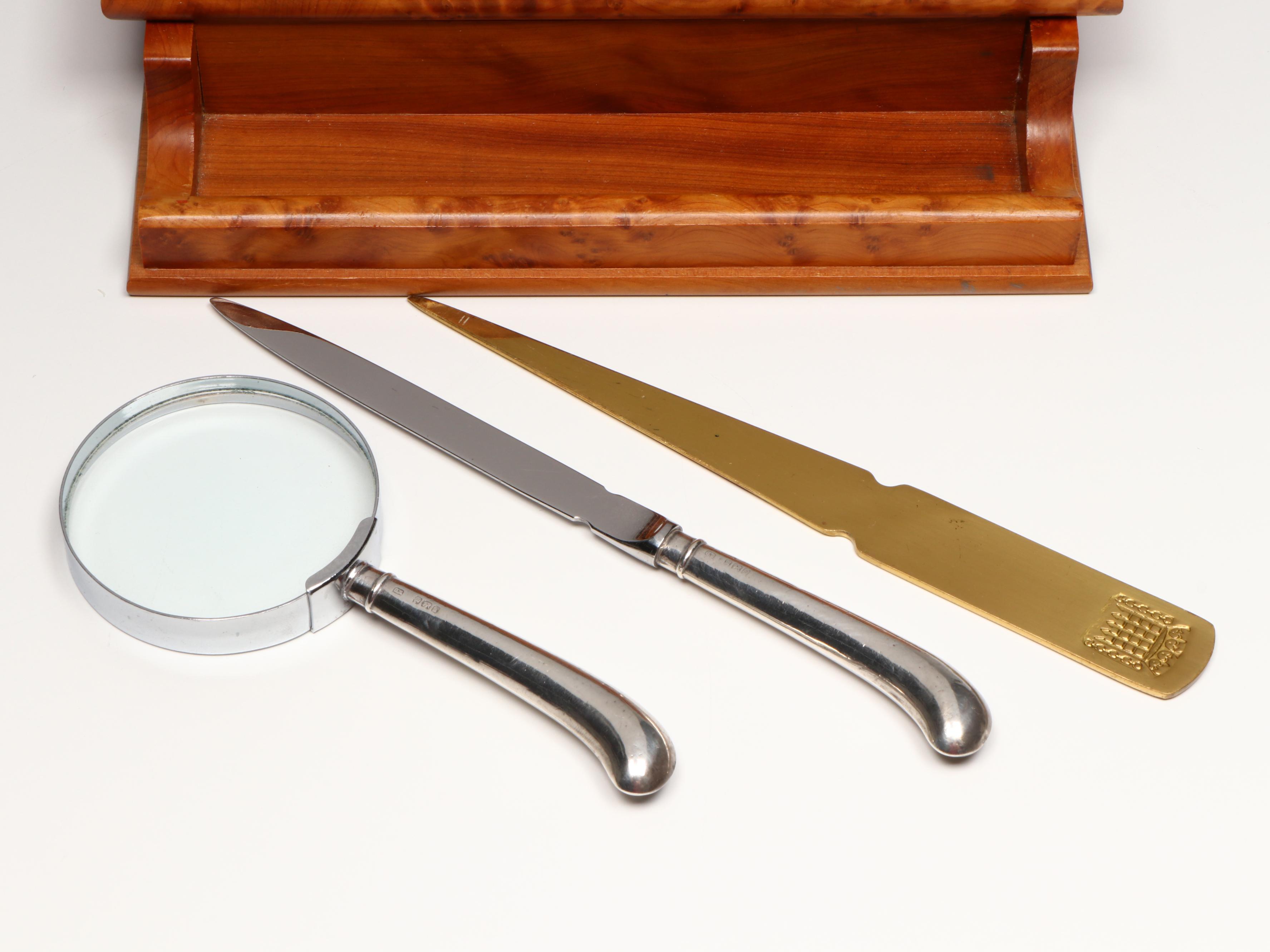 English Sterling Silver Letter Opener & Magnifyer Set, Burlwood Boxes and More