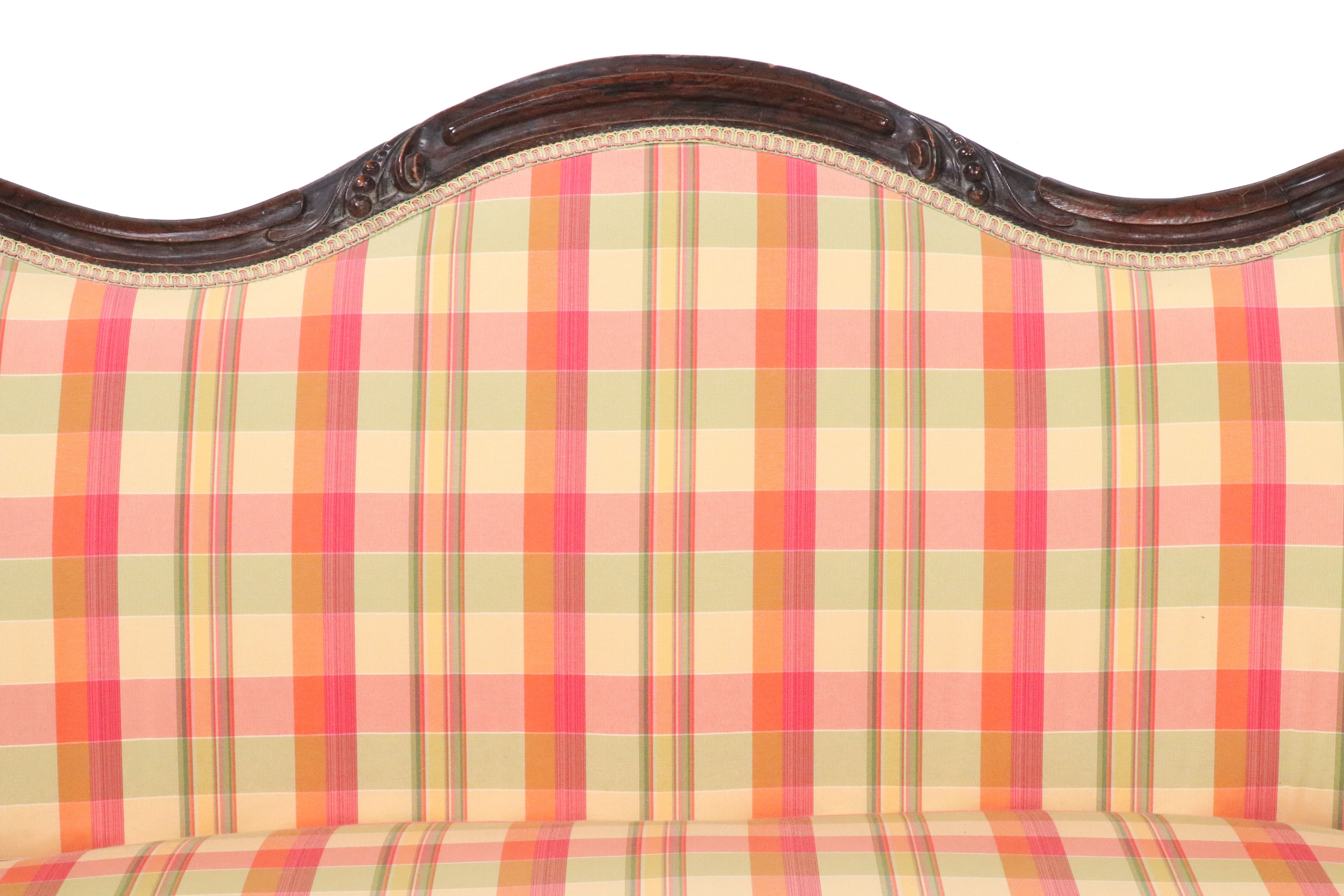 Victorian Style Plaid Fabric Upholstered Carved Walnut Loveseat