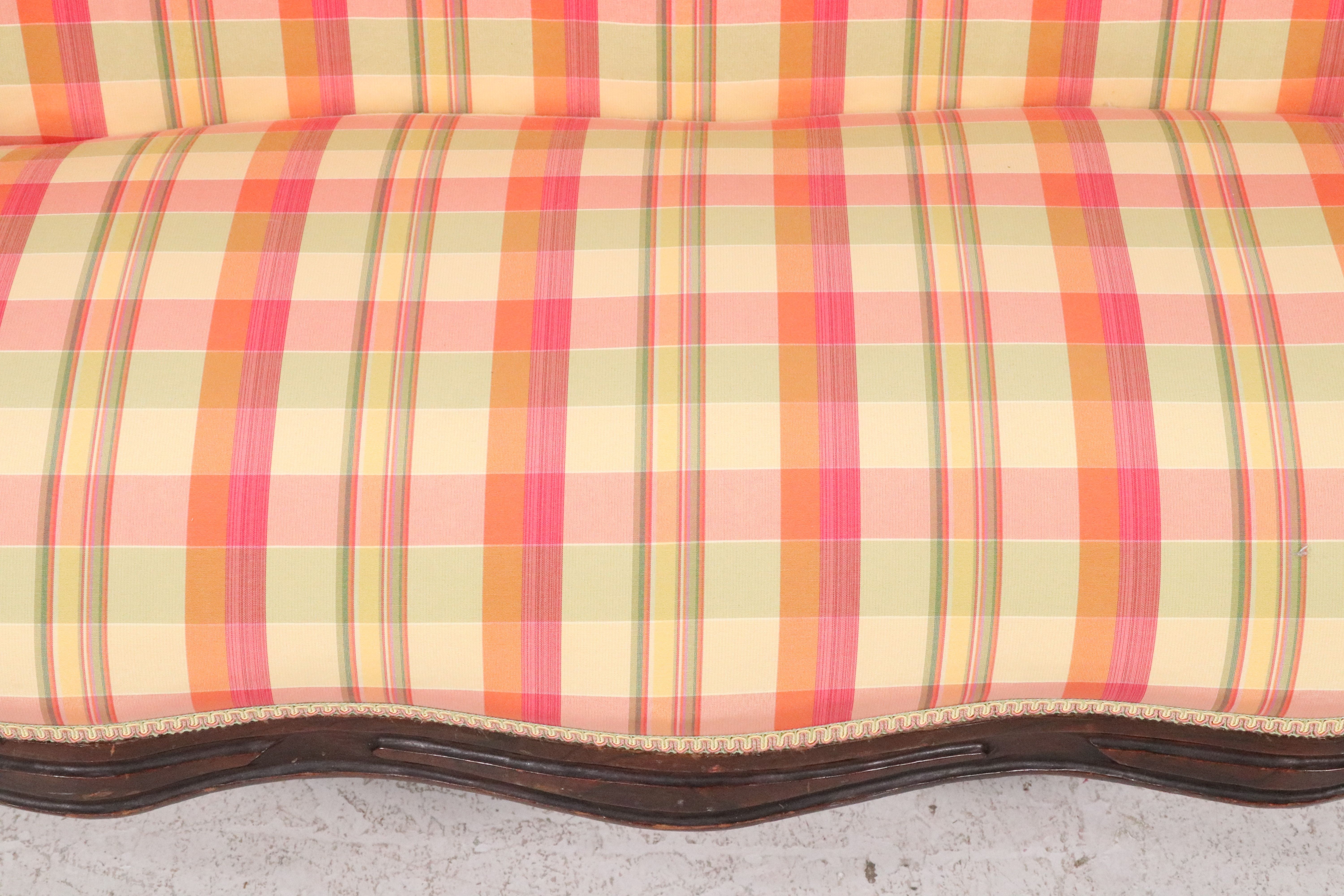 Victorian Style Plaid Fabric Upholstered Carved Walnut Loveseat