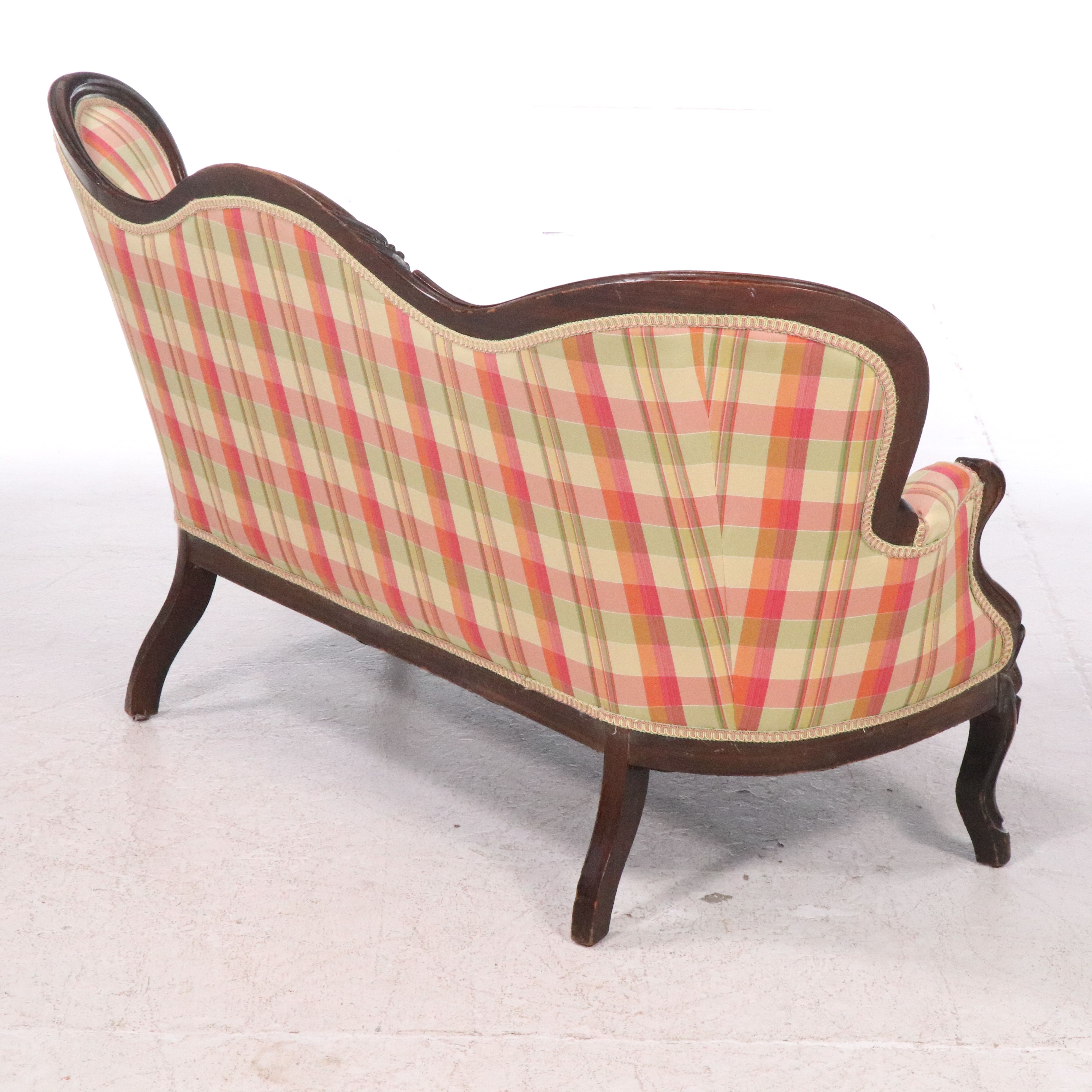 Victorian Style Plaid Fabric Upholstered Carved Walnut Loveseat