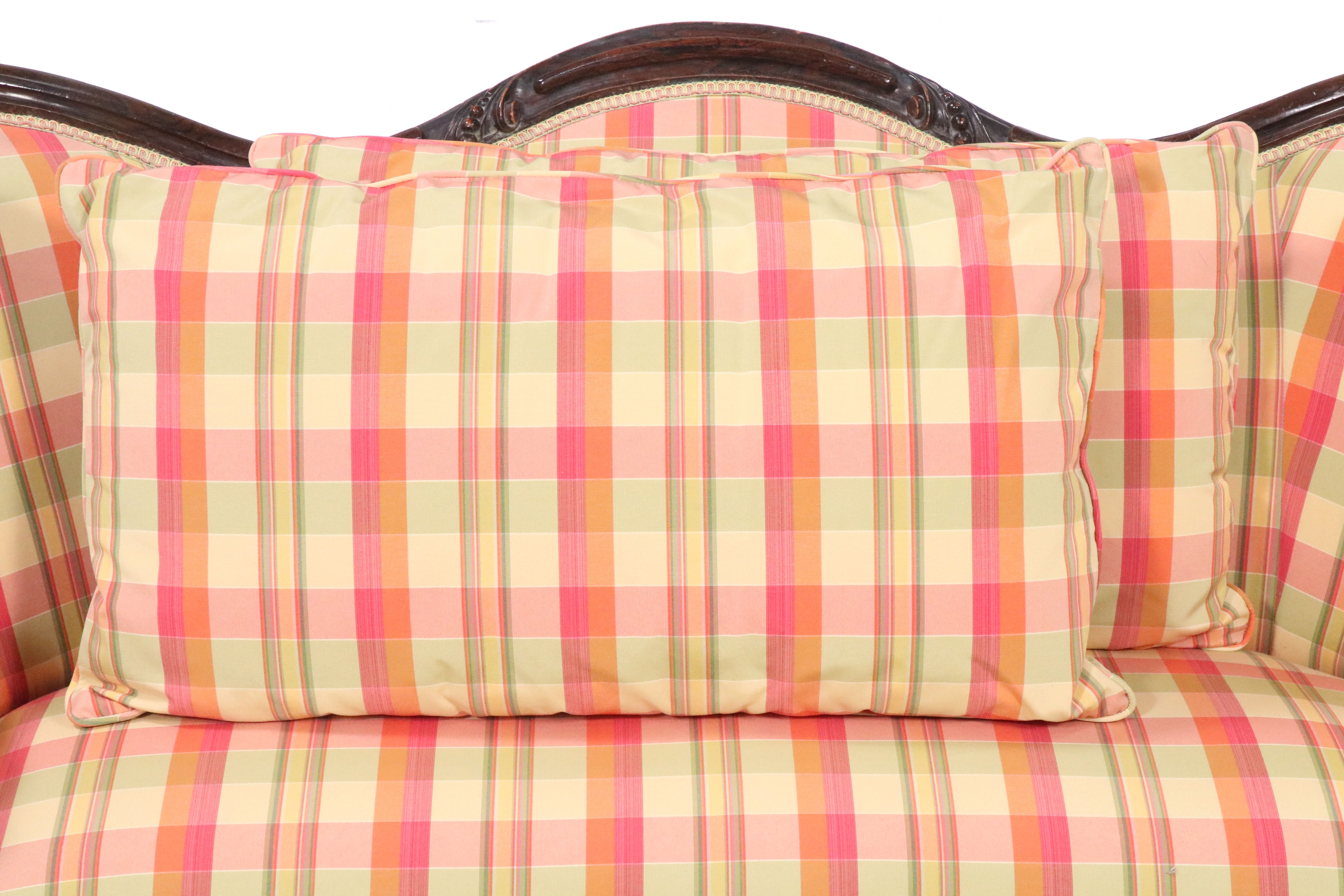 Victorian Style Plaid Fabric Upholstered Carved Walnut Loveseat