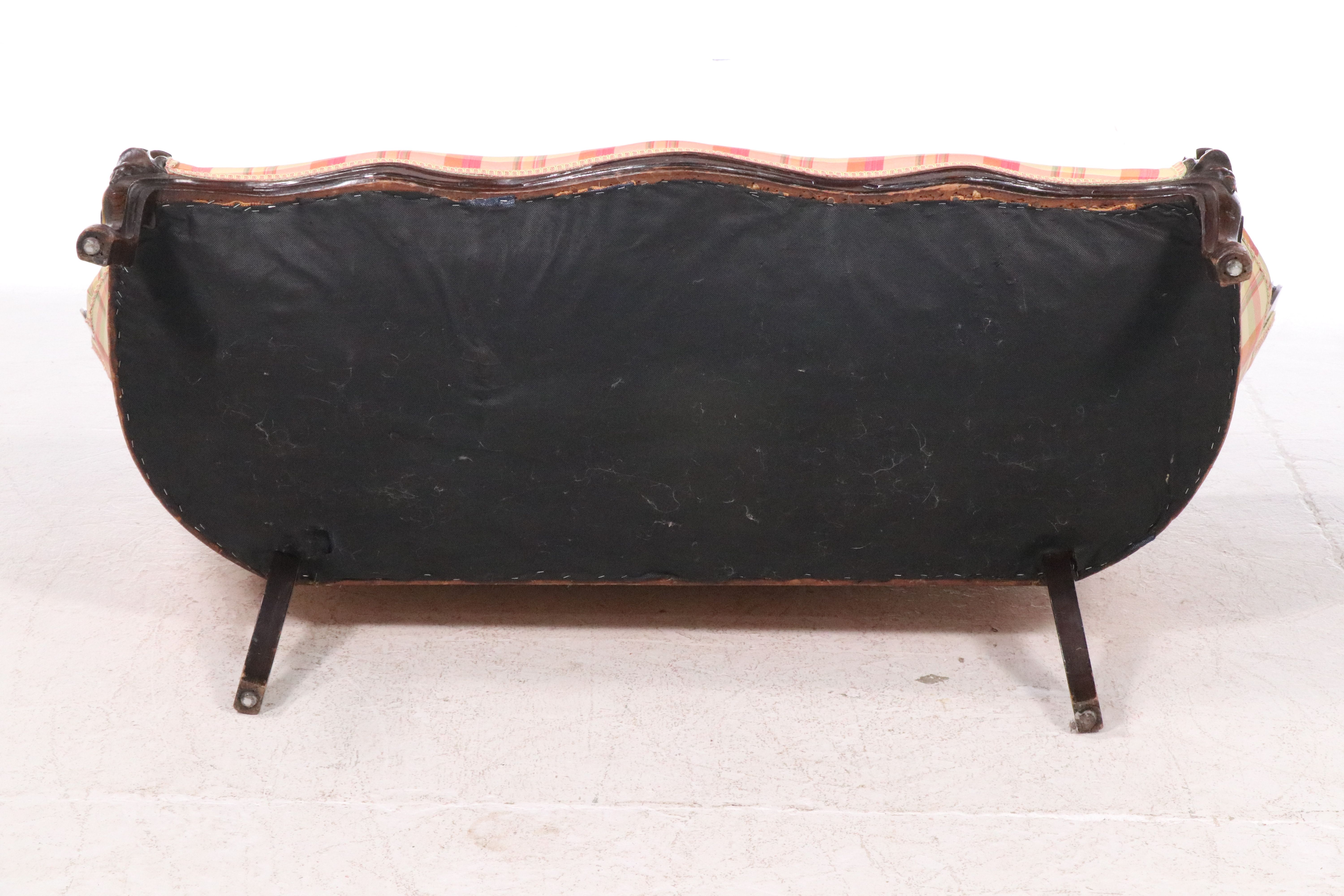 Victorian Style Plaid Fabric Upholstered Carved Walnut Loveseat