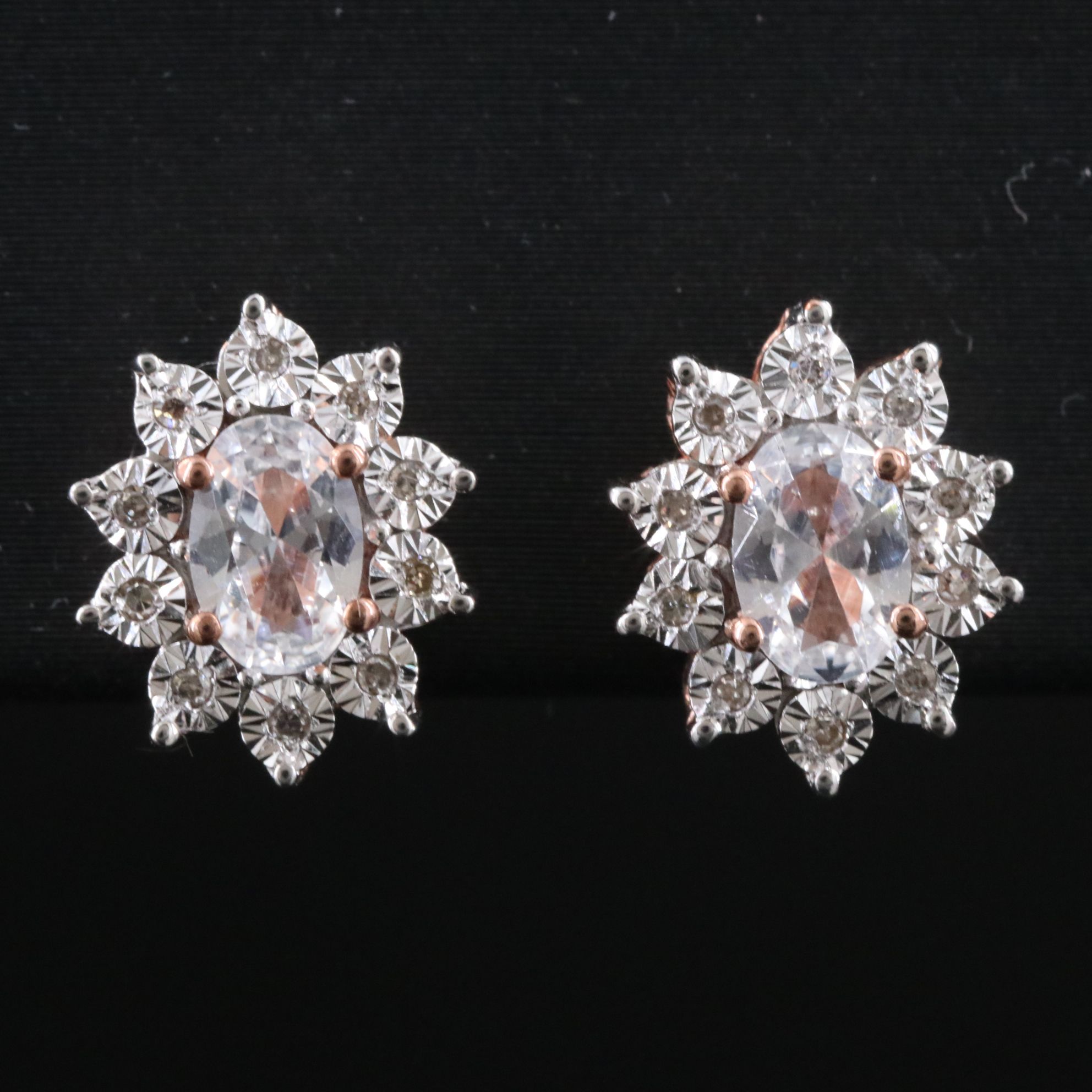 Sterling White Sapphire and Diamond Starburst Stud Earrings in Rose Tone