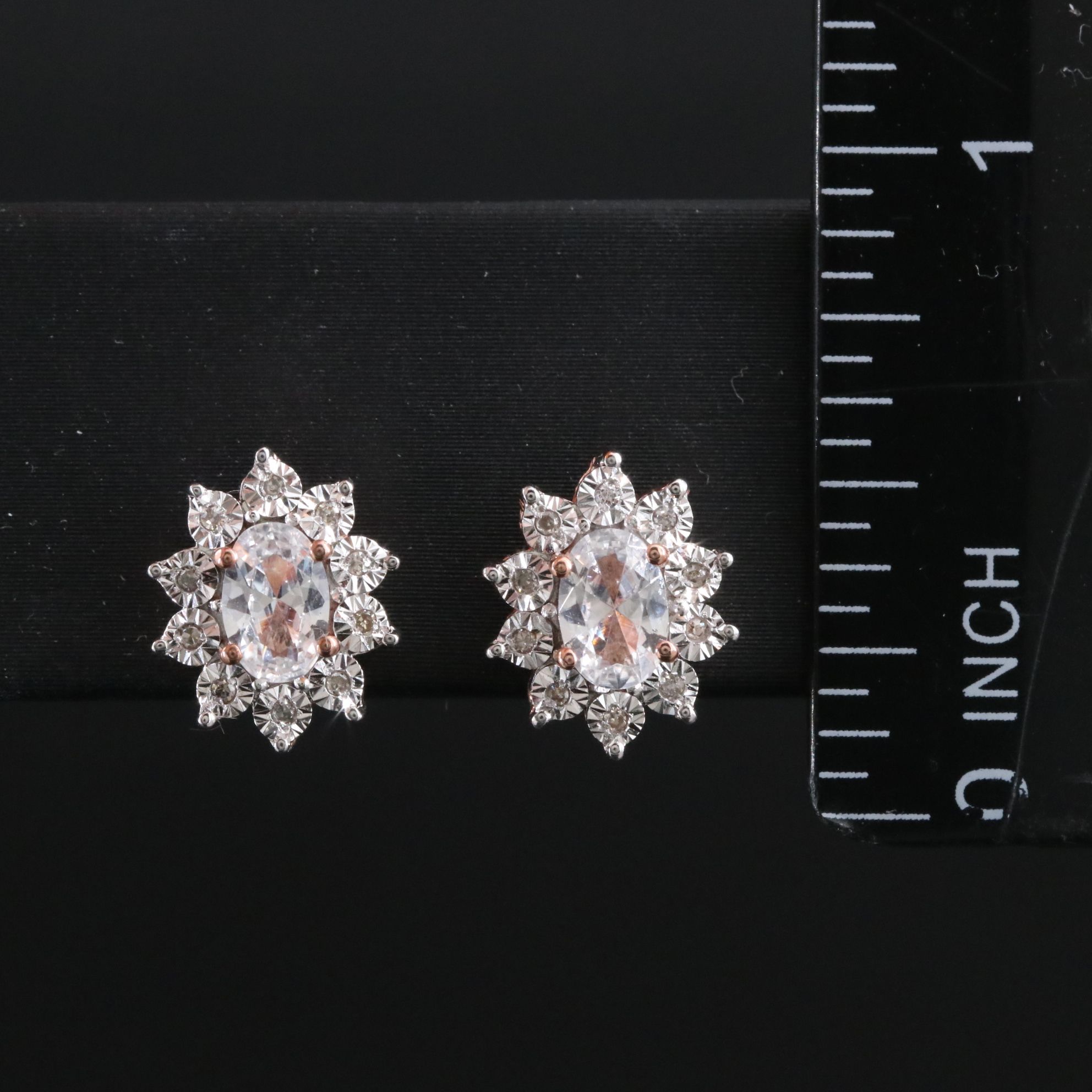 Sterling White Sapphire and Diamond Starburst Stud Earrings in Rose Tone
