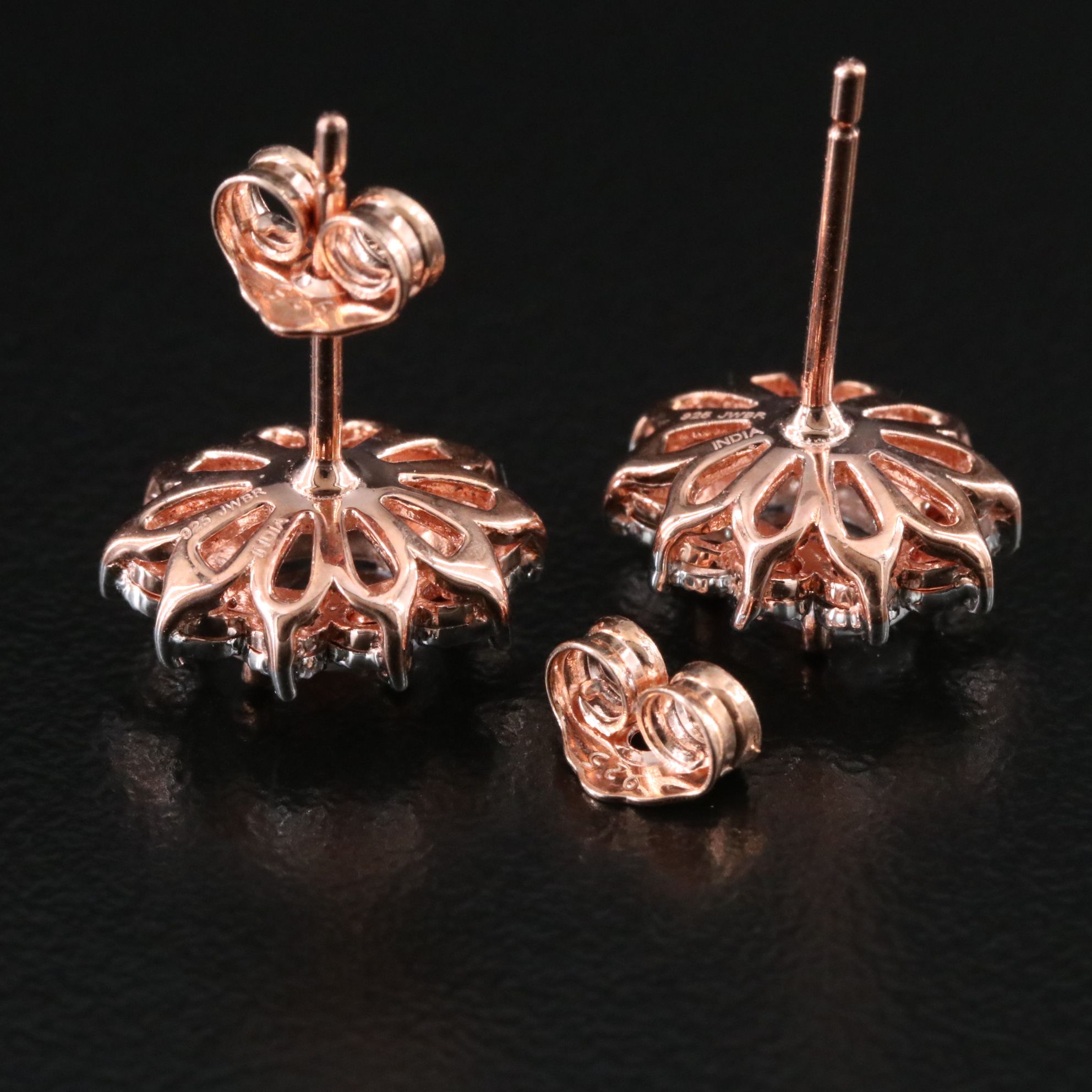 Sterling White Sapphire and Diamond Starburst Stud Earrings in Rose Tone