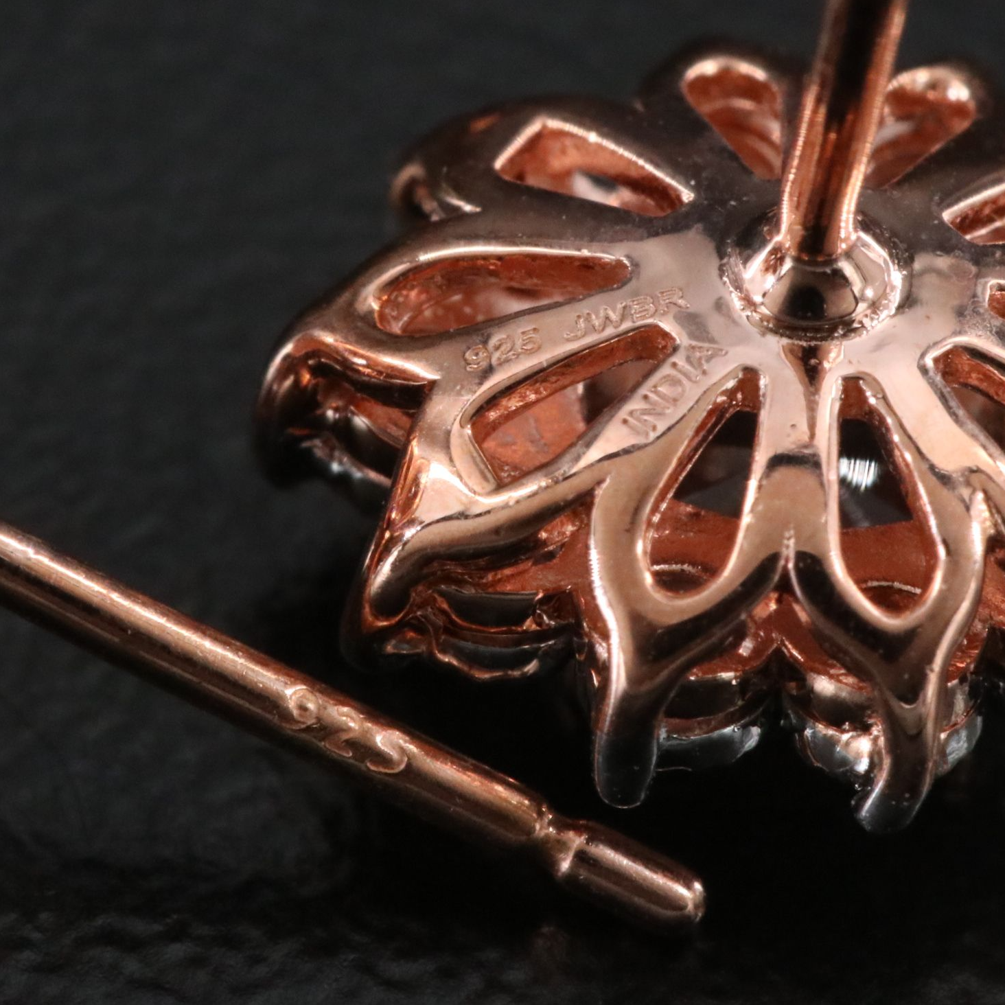 Sterling White Sapphire and Diamond Starburst Stud Earrings in Rose Tone