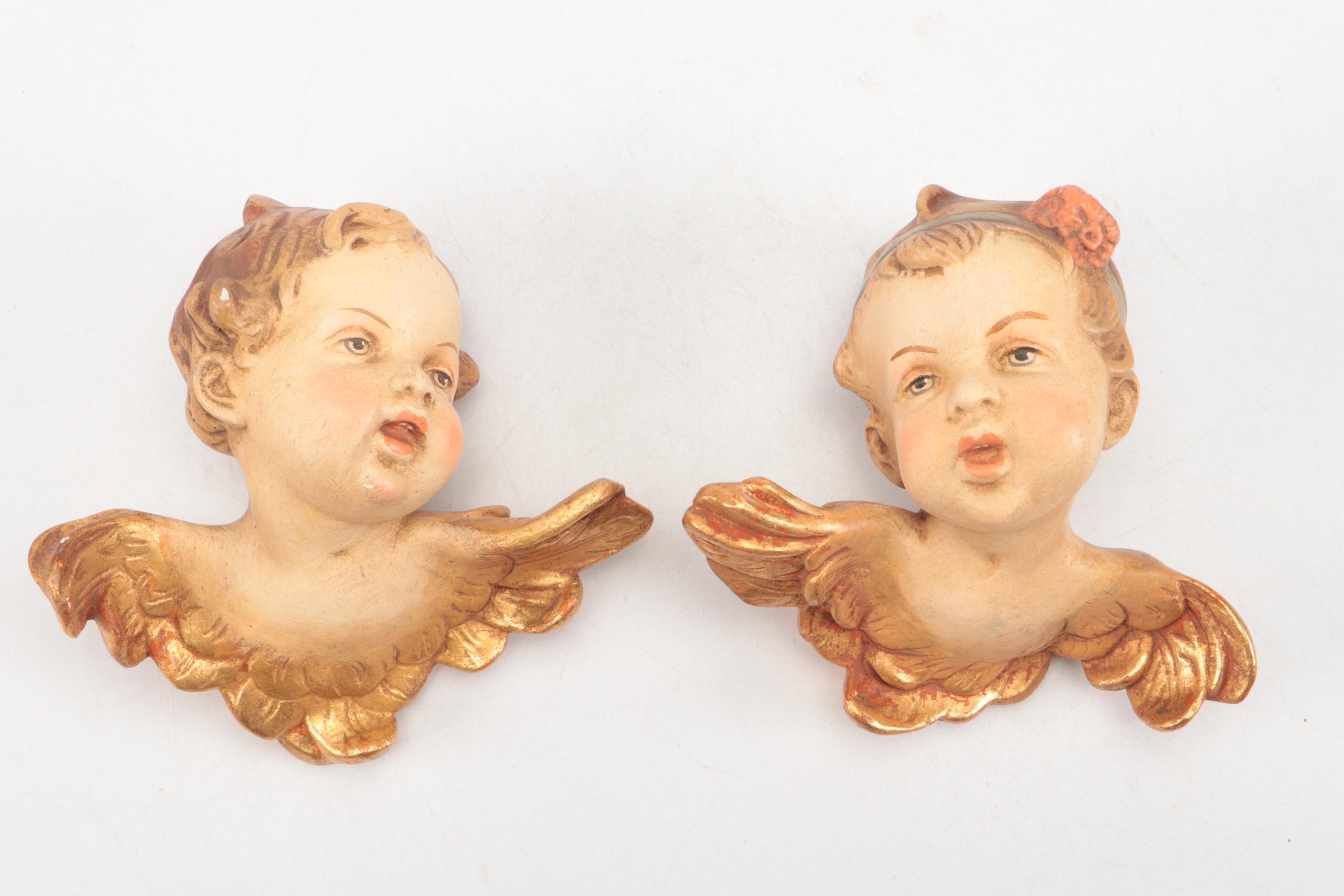 Italian Rococo Style Ceramic Cherub Wall Décor with Gold Gilt Wood Mantles