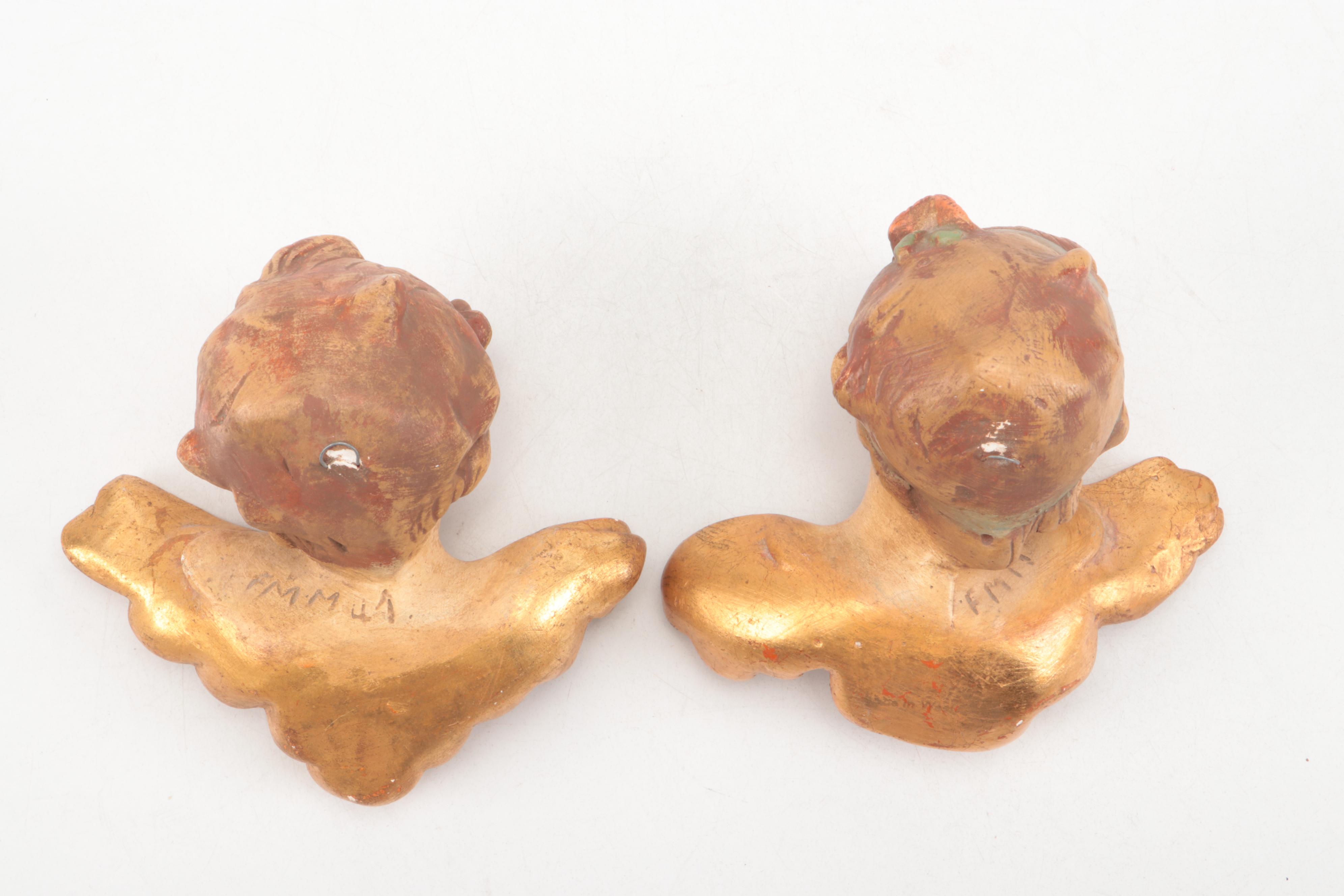 Italian Rococo Style Ceramic Cherub Wall Décor with Gold Gilt Wood Mantles