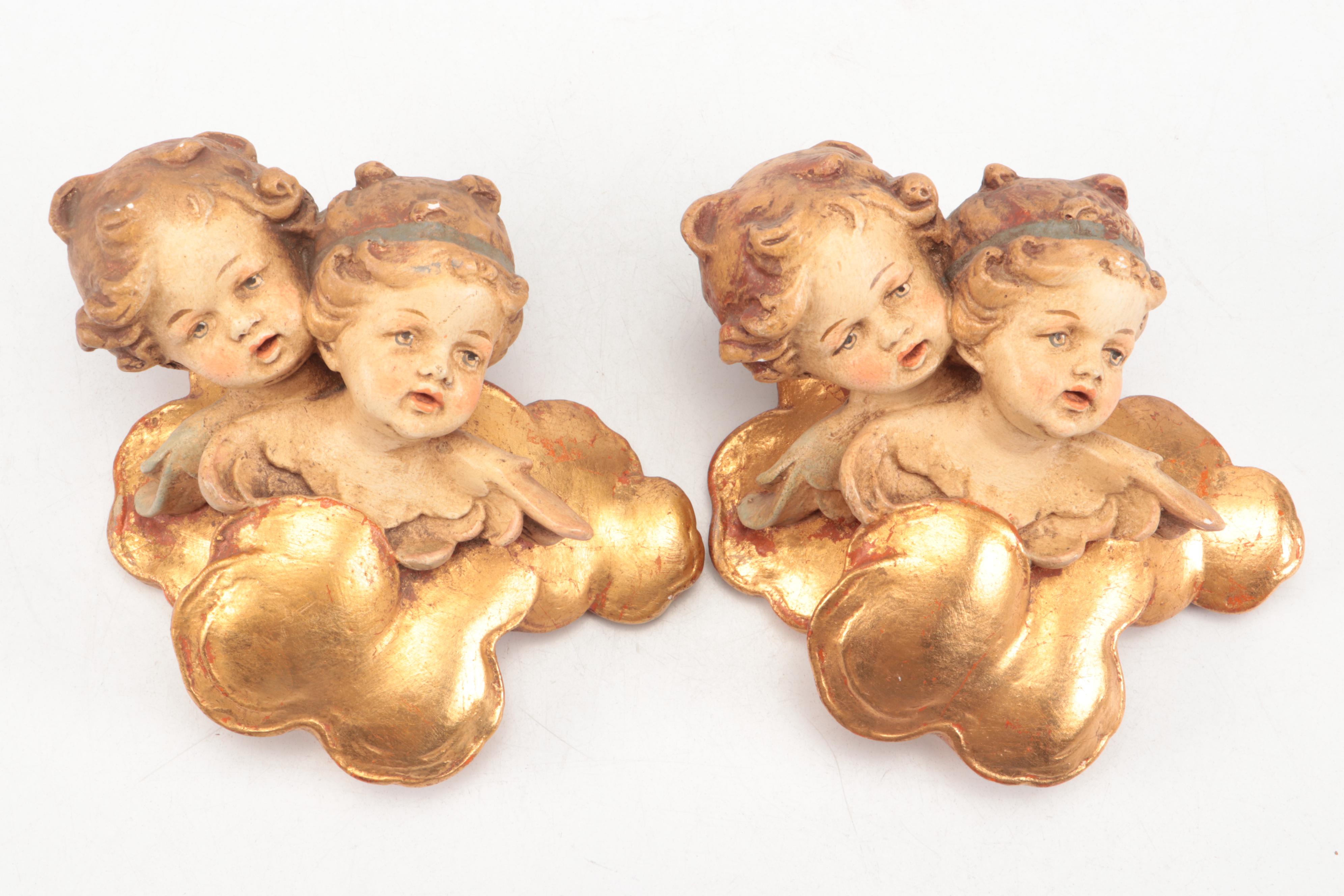 Italian Rococo Style Ceramic Cherub Wall Décor with Gold Gilt Wood Mantles