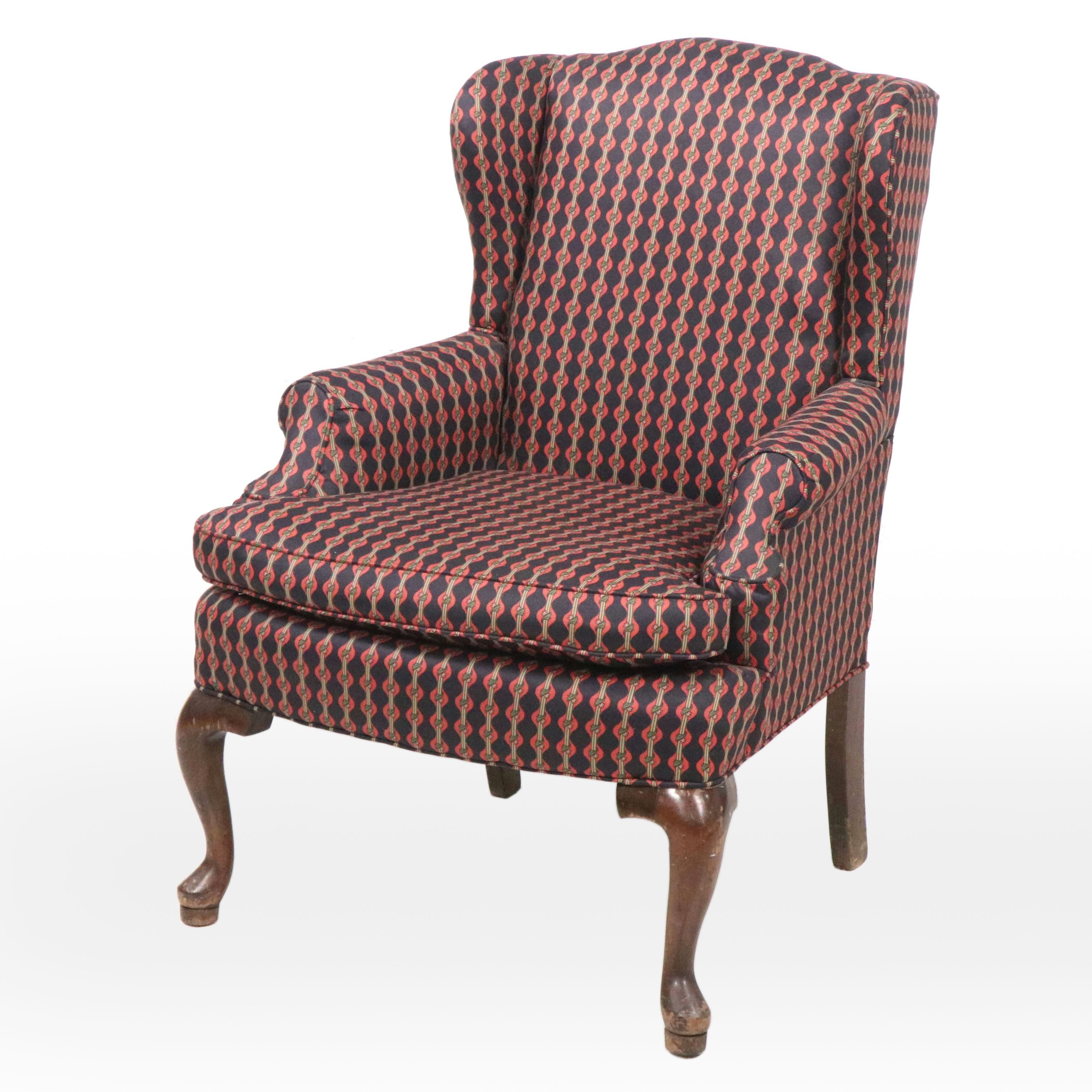Queen Anne Style Wingback Arm Chair with Fifth Avenue Designs Upholstery