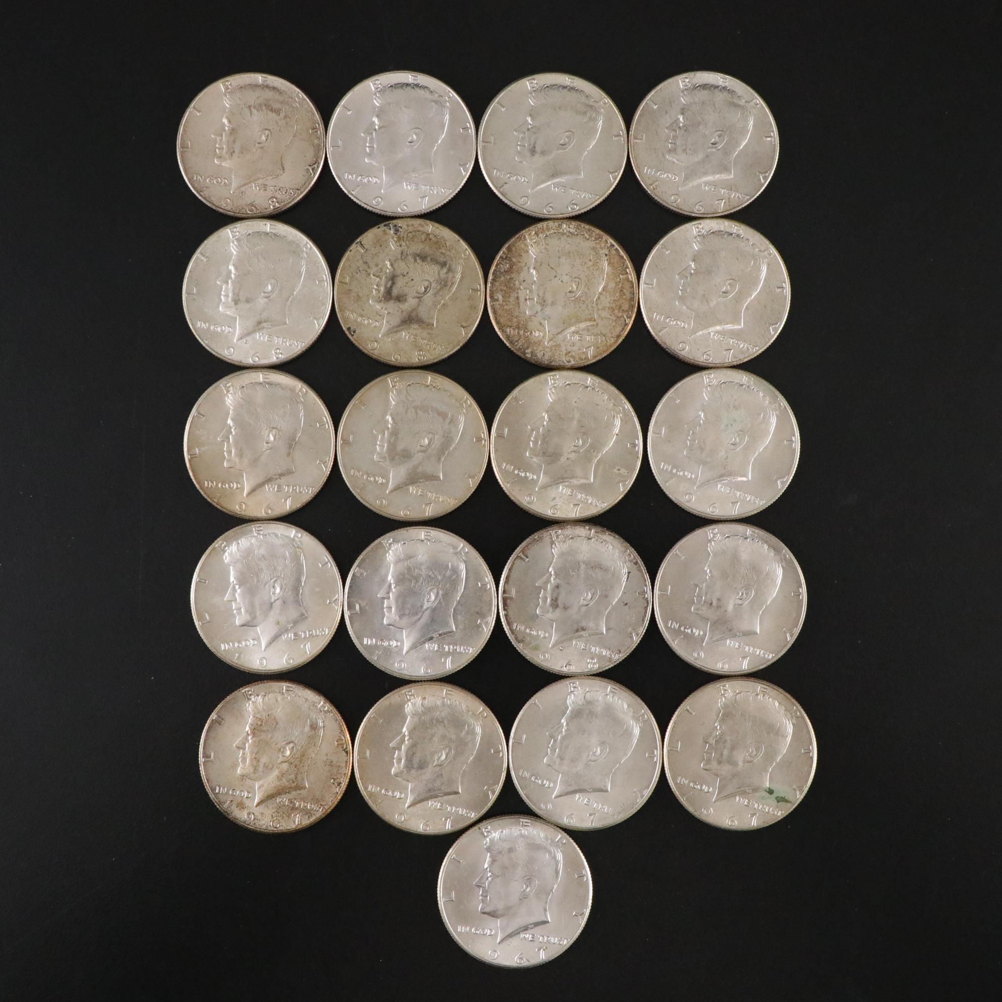 Twenty-One Kennedy 40% Silver Half Dollars, 1966-1968