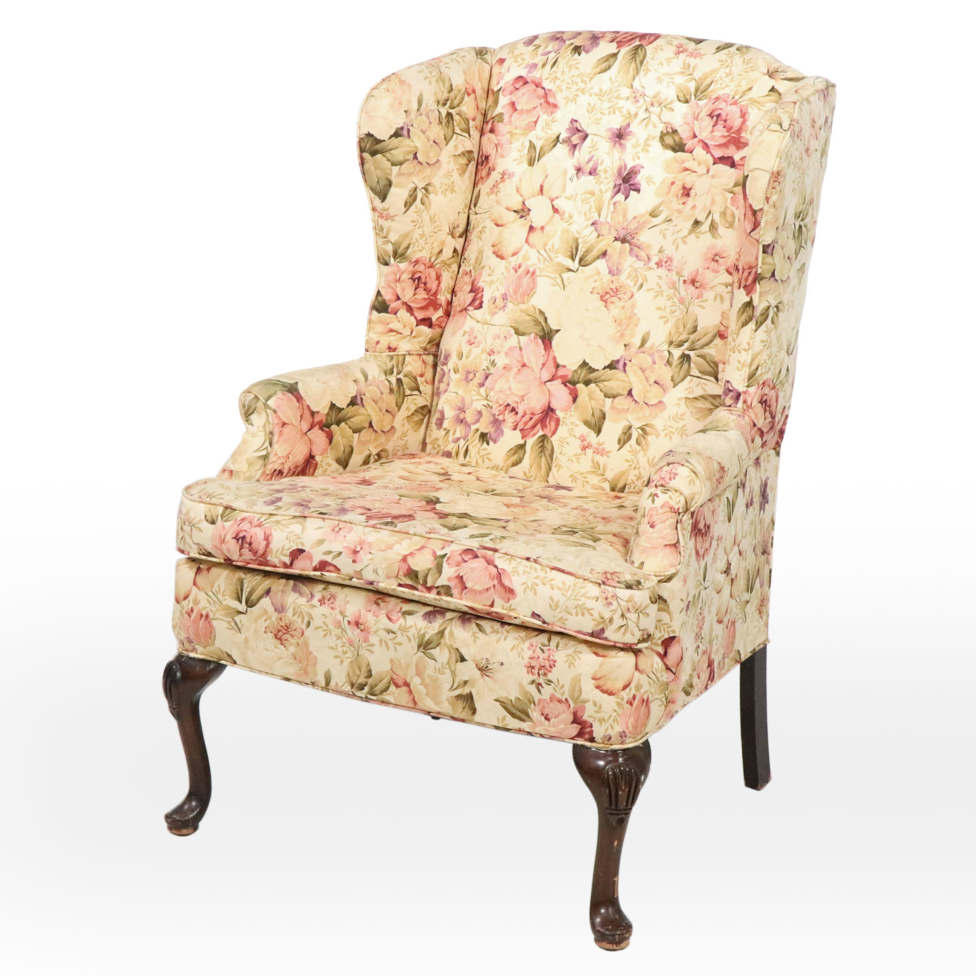Queen Anne Style Floral Wingback Armchair