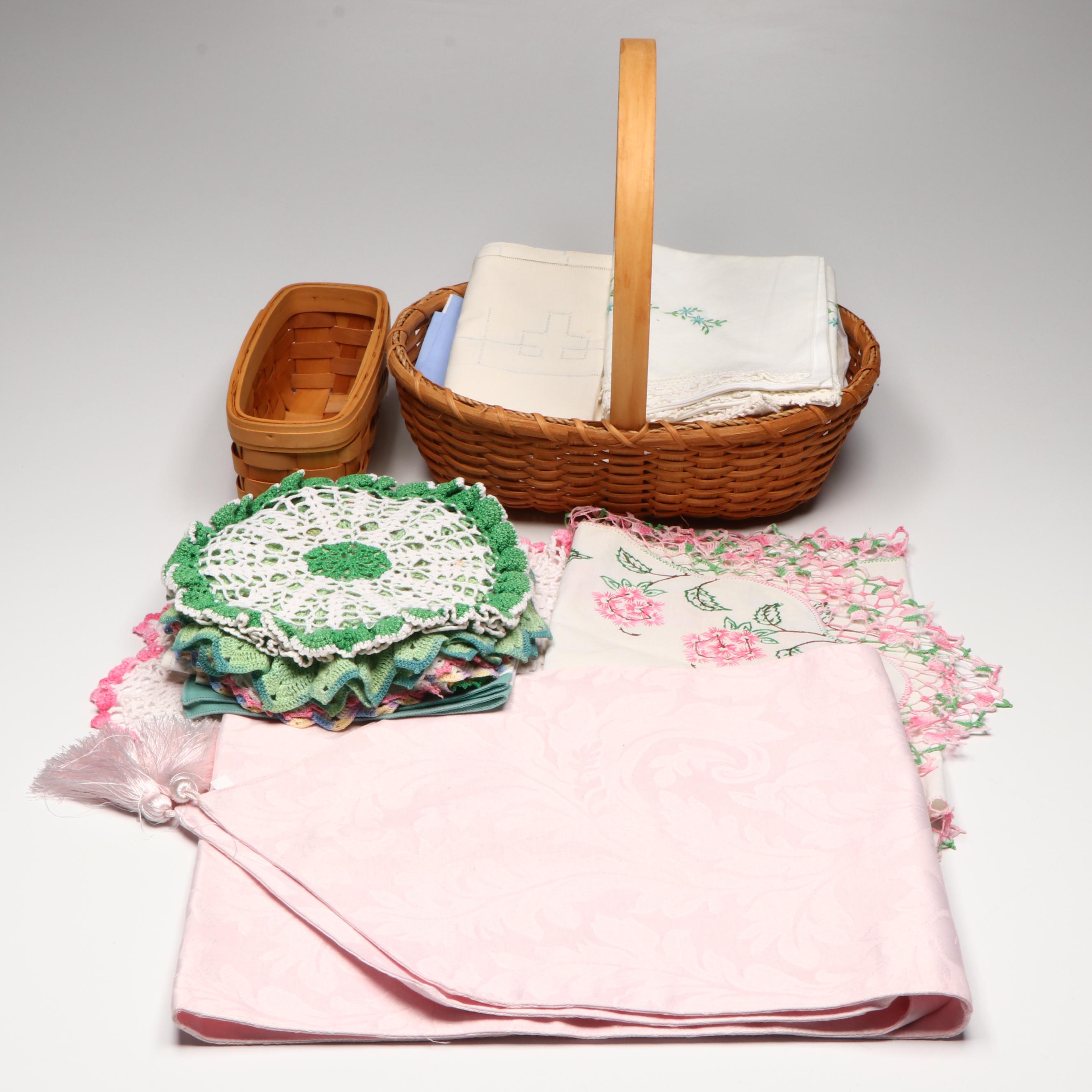 Vintage Embroidered, Appliquéd and Crocheted Table Linens and Baskets