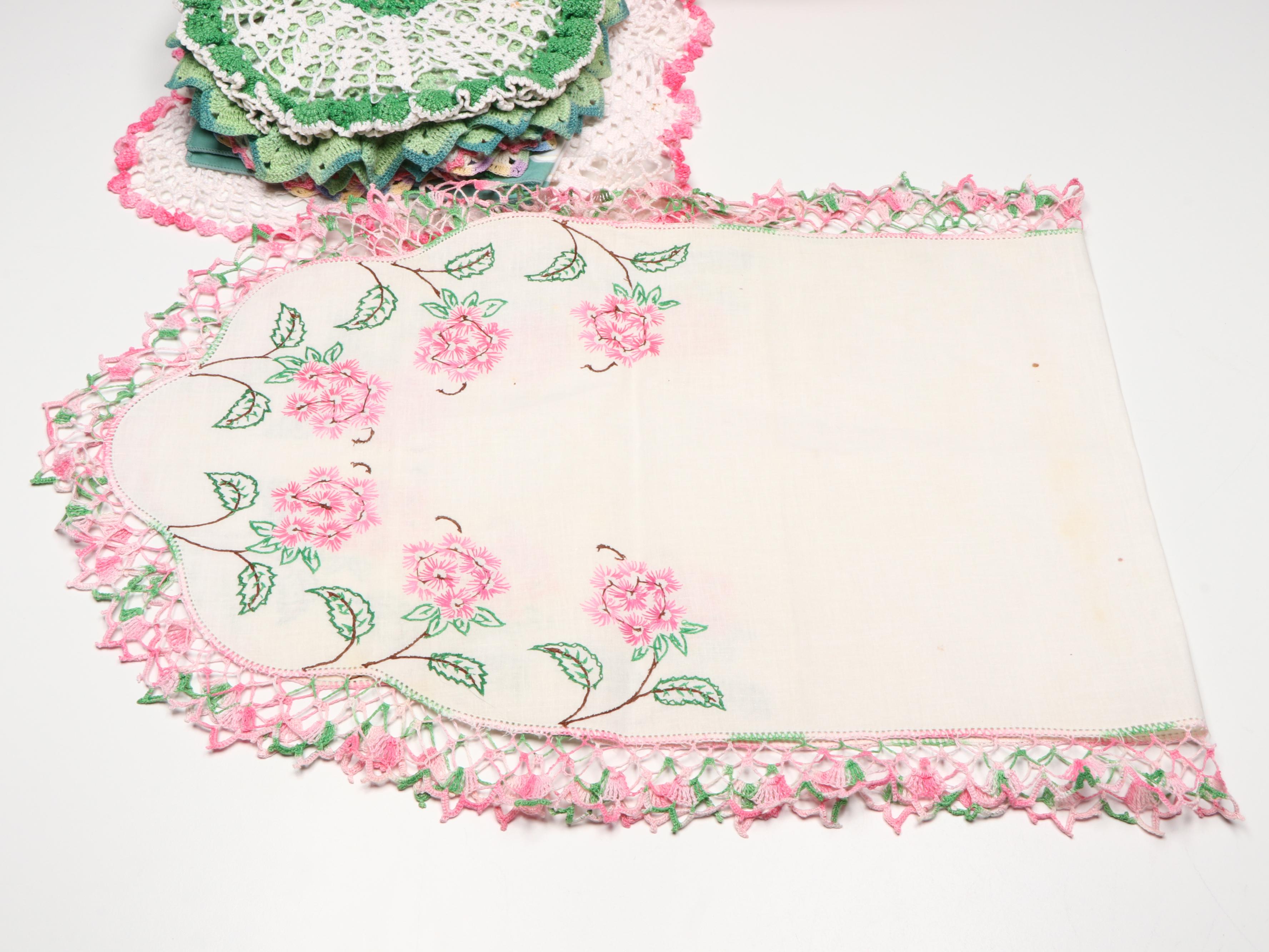 Vintage Embroidered, Appliquéd and Crocheted Table Linens and Baskets