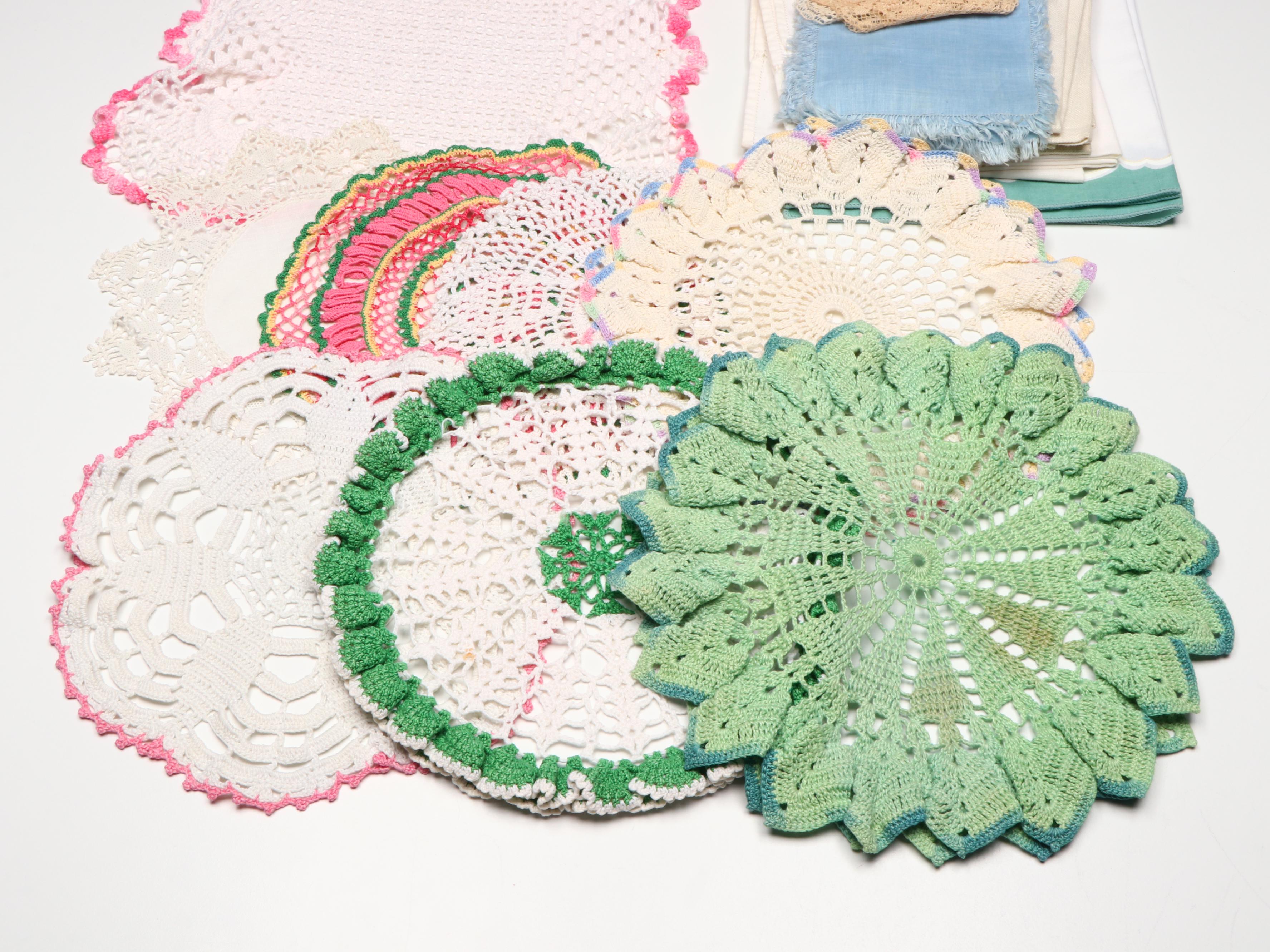Vintage Embroidered, Appliquéd and Crocheted Table Linens and Baskets