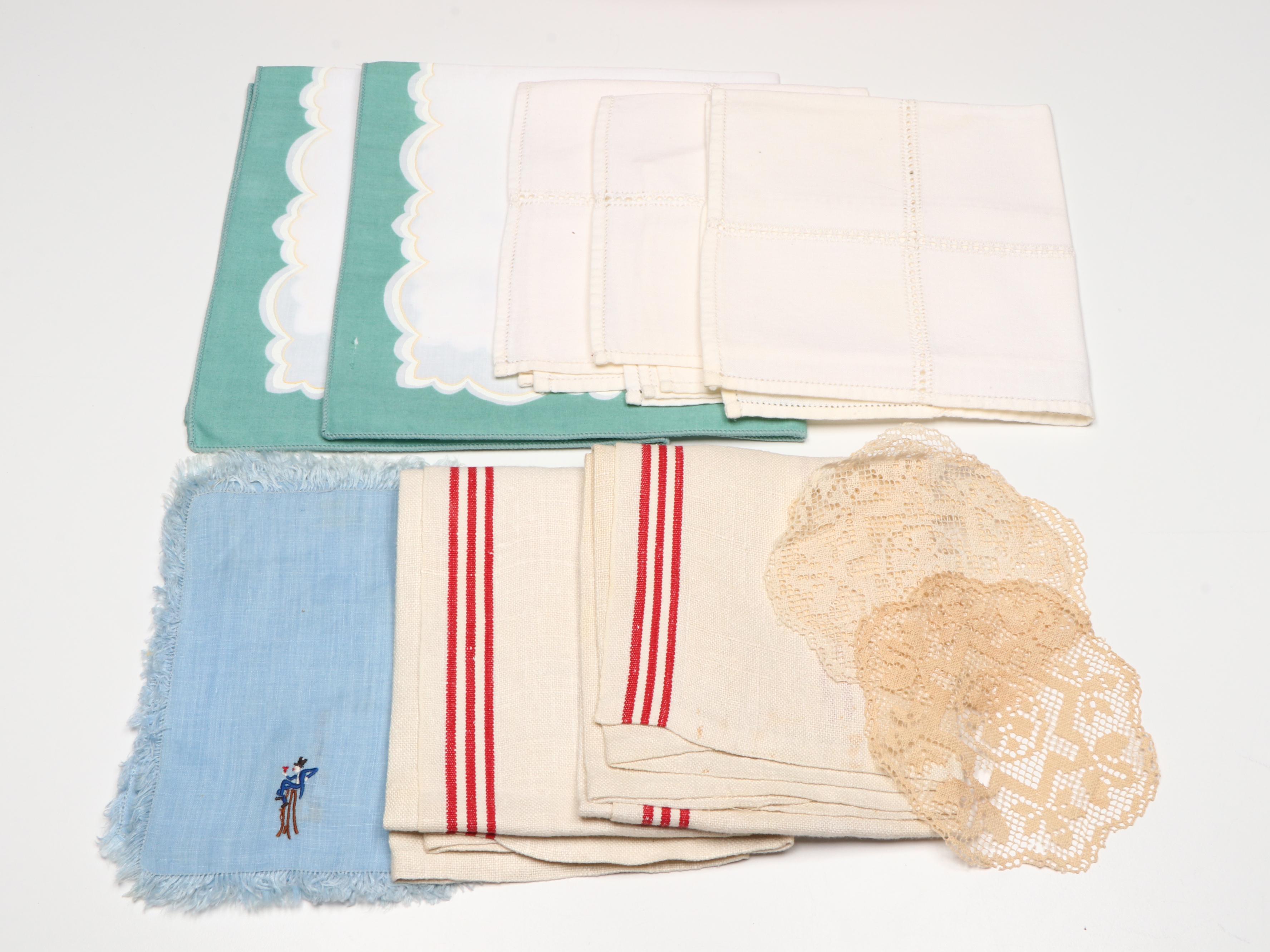 Vintage Embroidered, Appliquéd and Crocheted Table Linens and Baskets