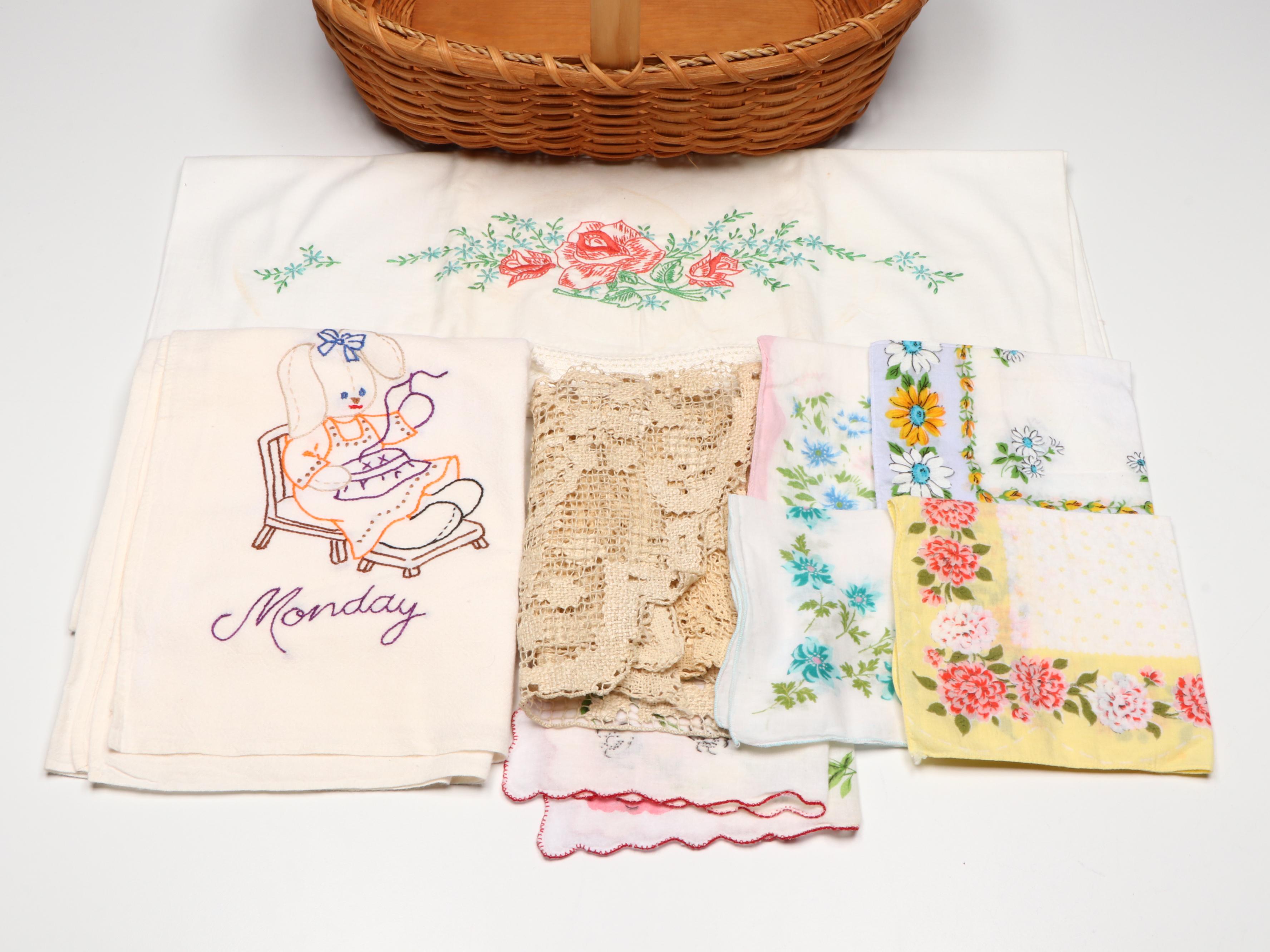 Vintage Embroidered, Appliquéd and Crocheted Table Linens and Baskets