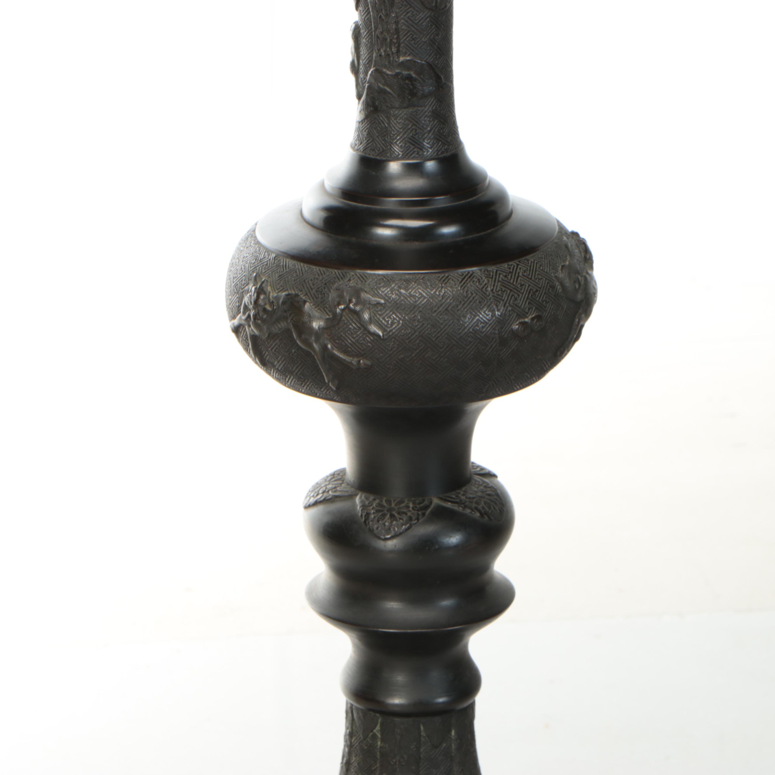 Japanese Meiji Style Bronze Oil Floor Lamp, Adapted Late 20th C.