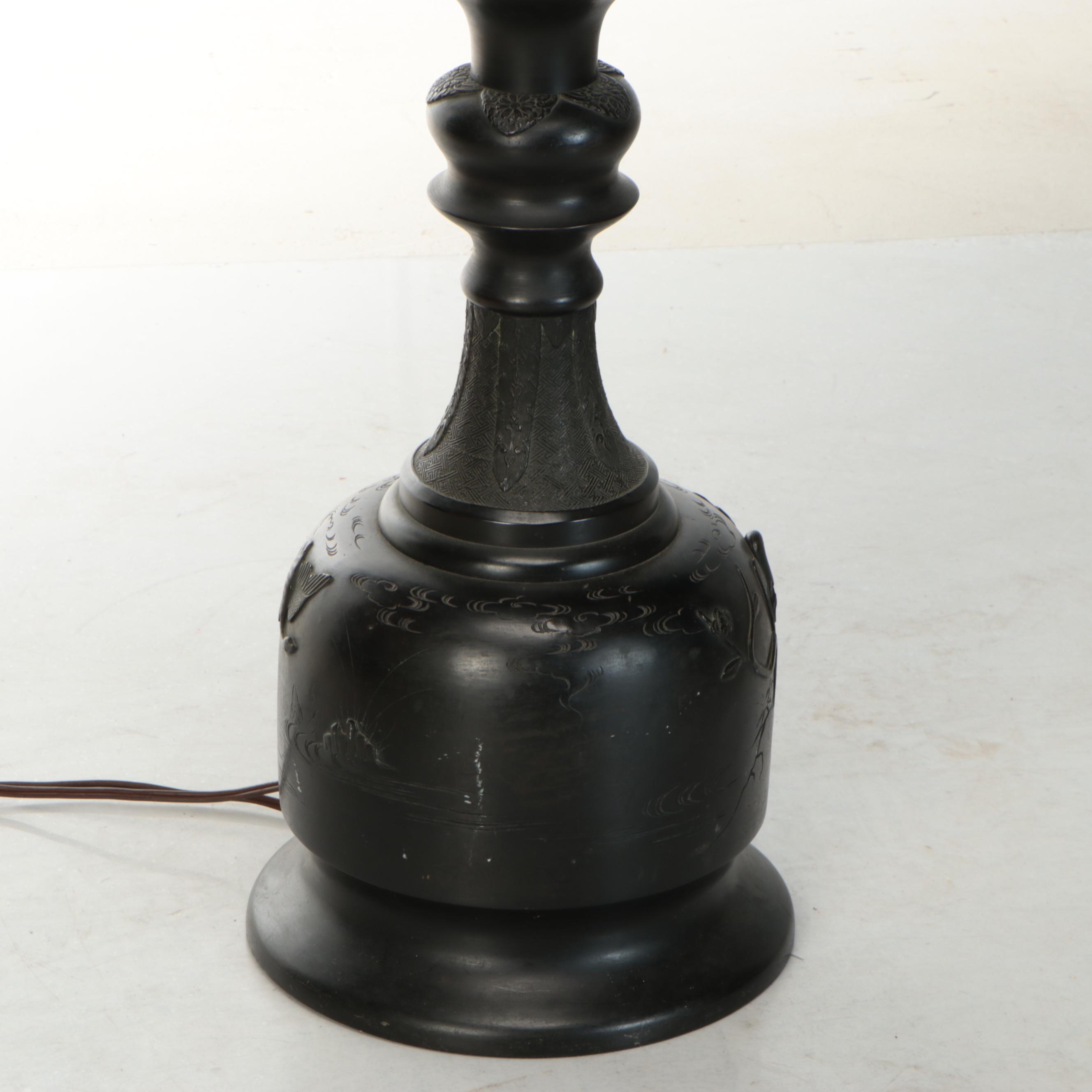 Japanese Meiji Style Bronze Oil Floor Lamp, Adapted Late 20th C.