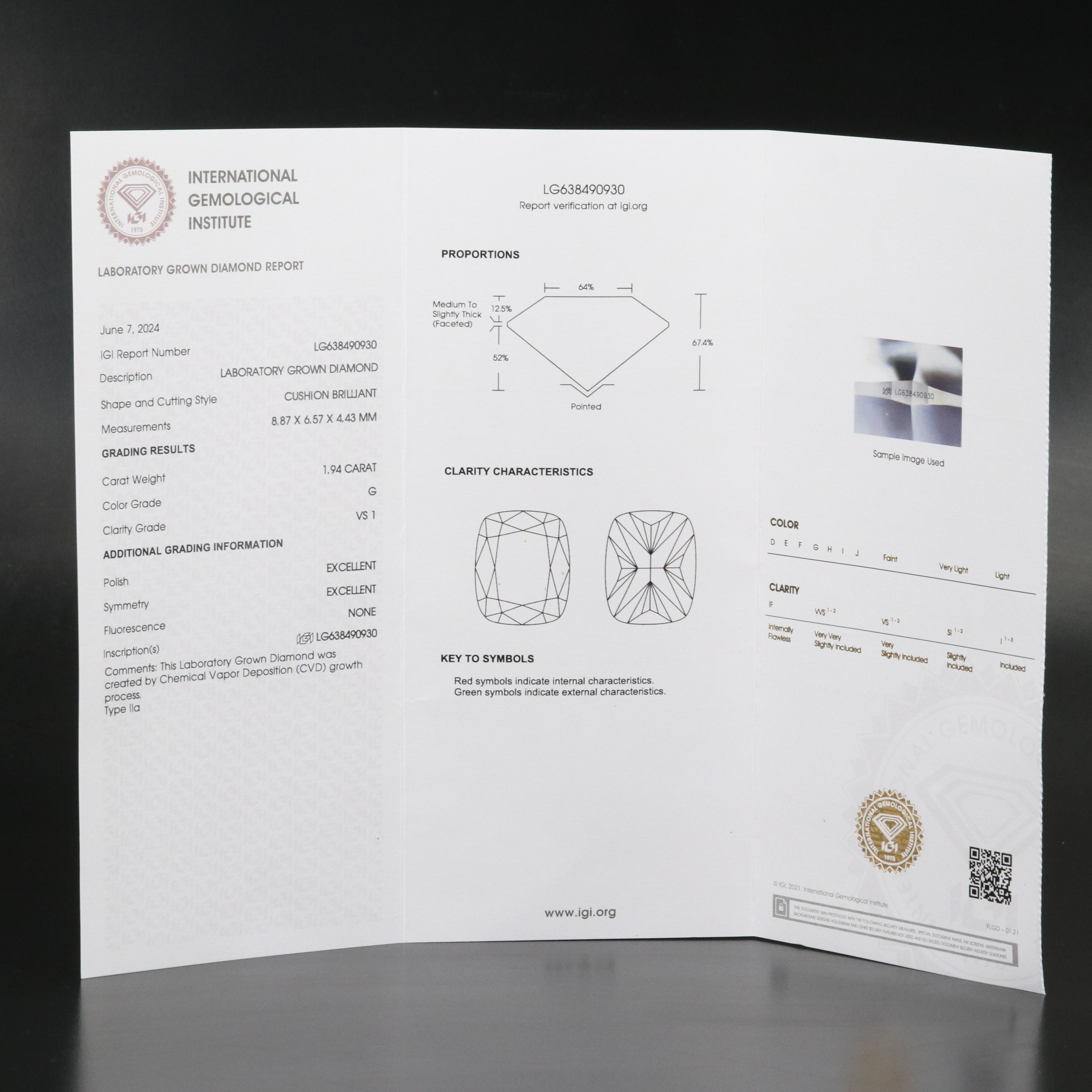 Loose 1.94 CT Lab Grown Diamond with IGI Report